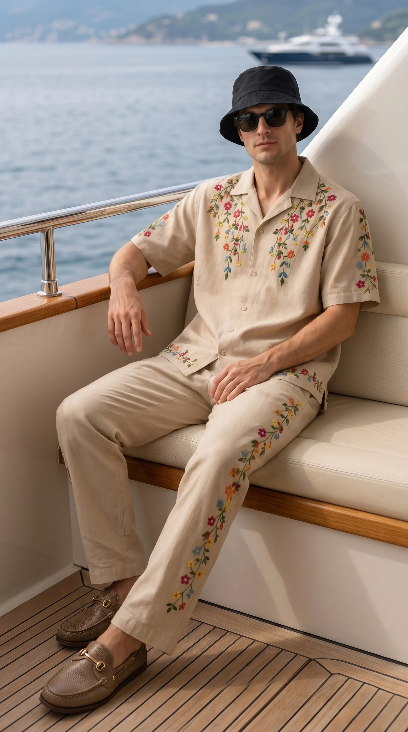 Luxury Beige Floral Embroidered Linen Cotton Cuban Collar Shirt and Pant Co-Ord Set for Men by Liibula