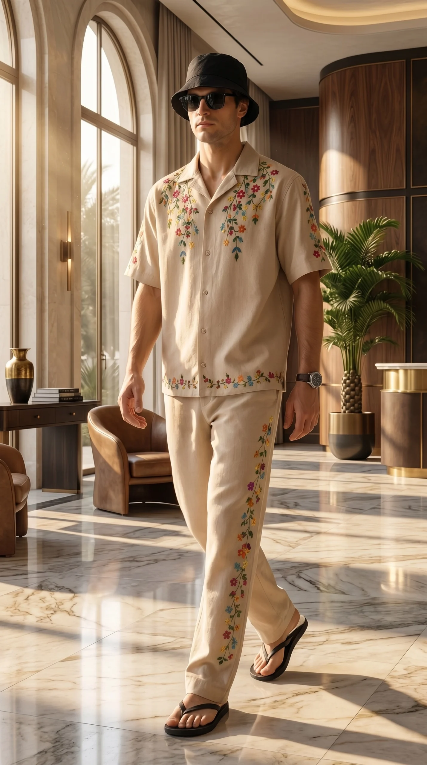Luxury Beige Floral Embroidered Linen Cotton Cuban Collar Shirt and Pant Co-Ord Set for Men by Liibula
