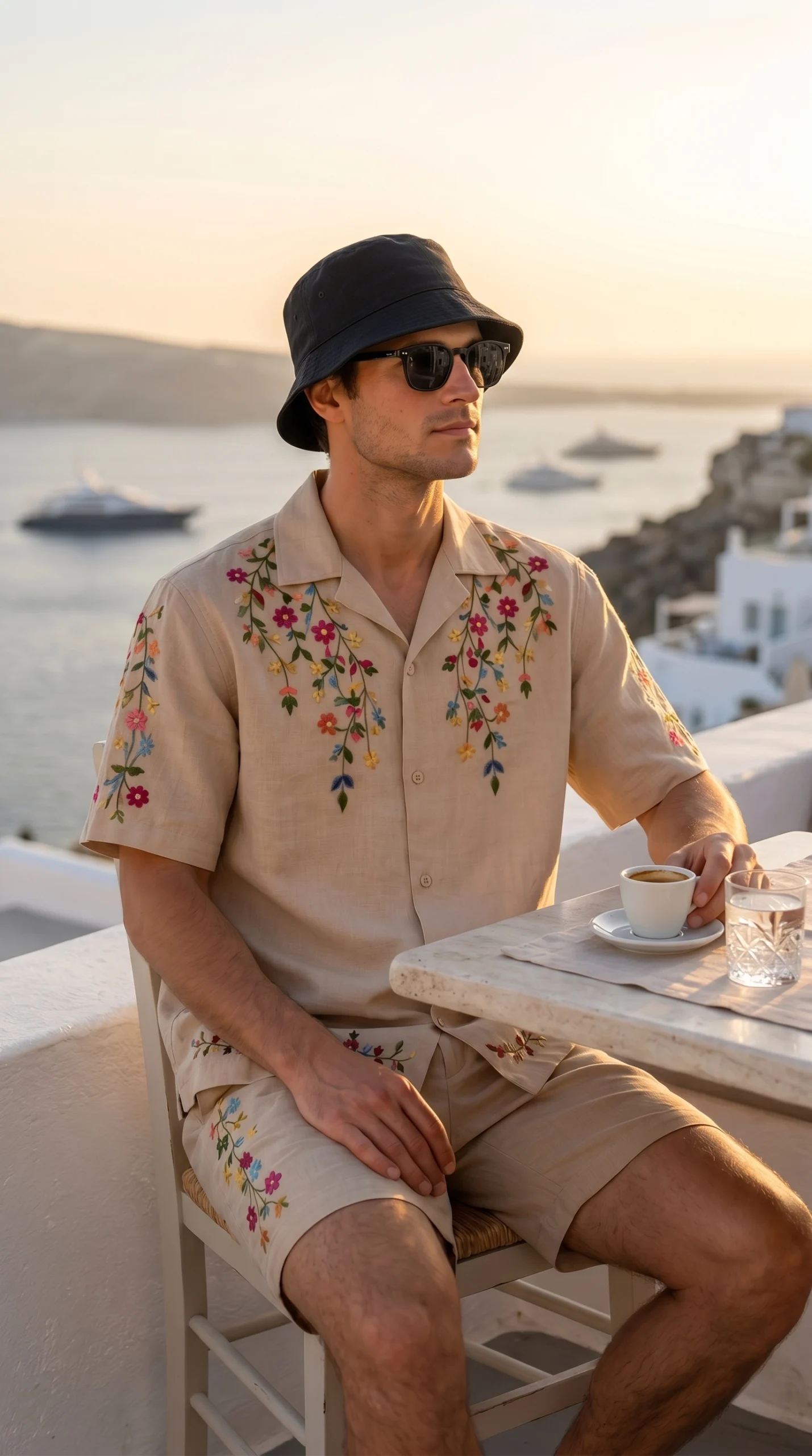 Luxury Beige Floral Embroidered Linen Cotton Cuban Collar Shirt and Shorts Set for Men by Liibula