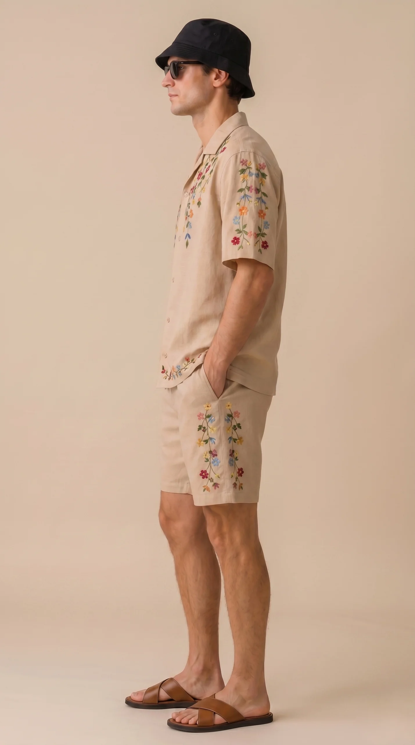 Luxury Beige Floral Embroidered Linen Cotton Cuban Collar Shirt and Shorts Set for Men by Liibula