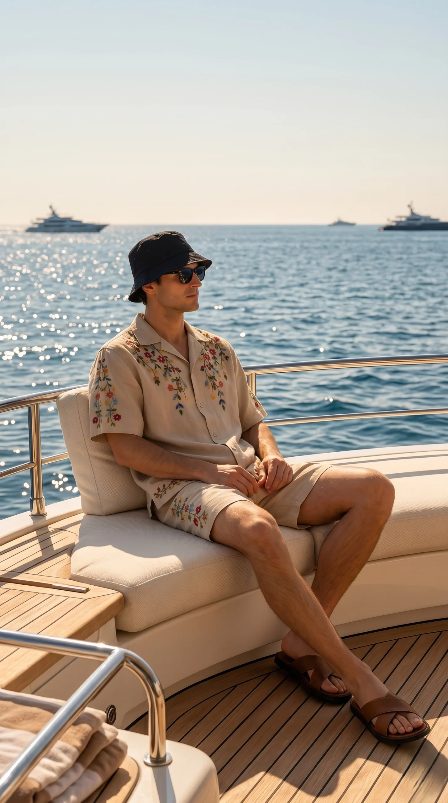 Luxury Beige Floral Embroidered Linen Cotton Cuban Collar Shirt and Shorts Set for Men by Liibula