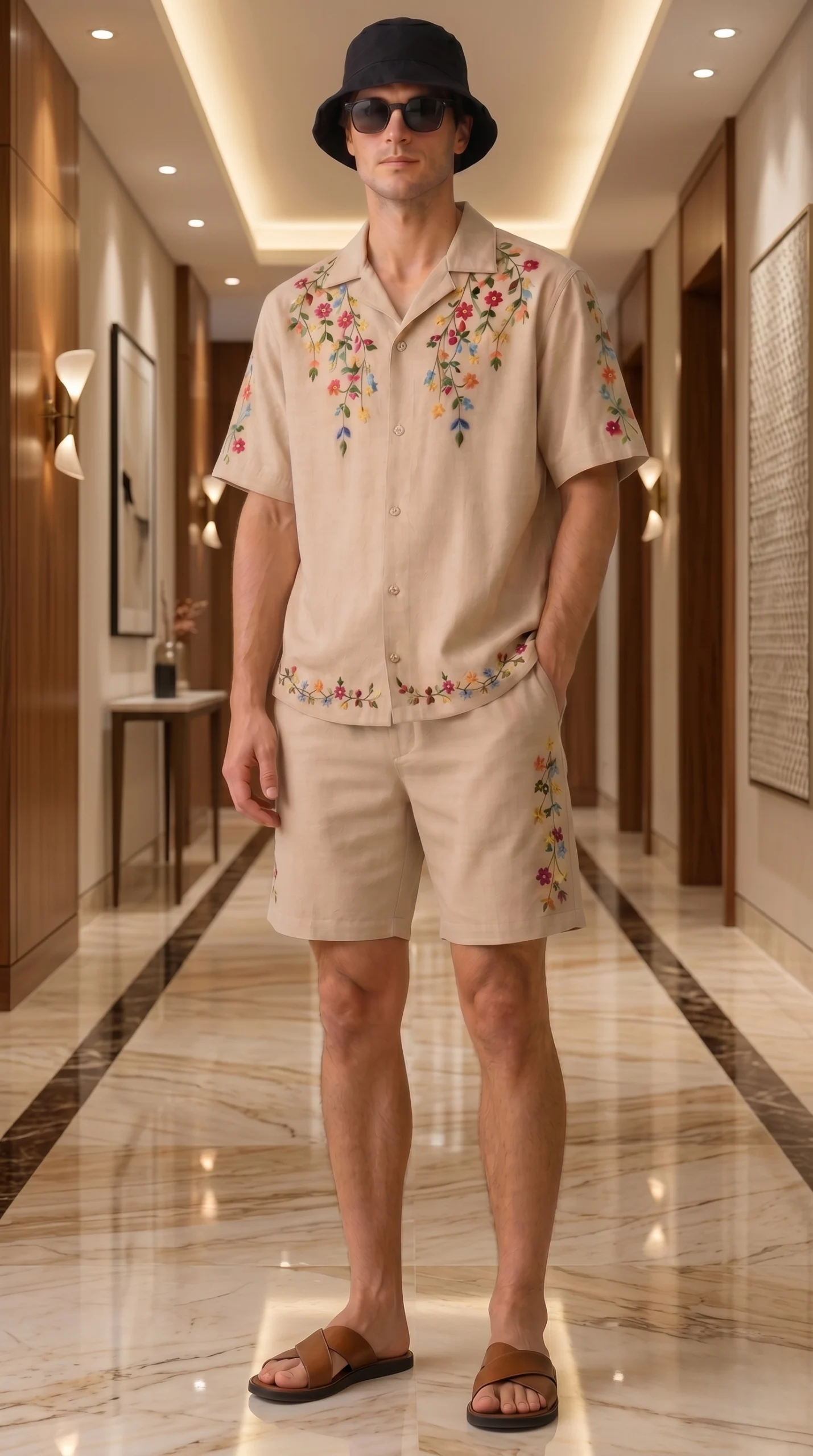 Luxury Beige Floral Embroidered Linen Cotton Cuban Collar Shirt and Shorts Set for Men by Liibula