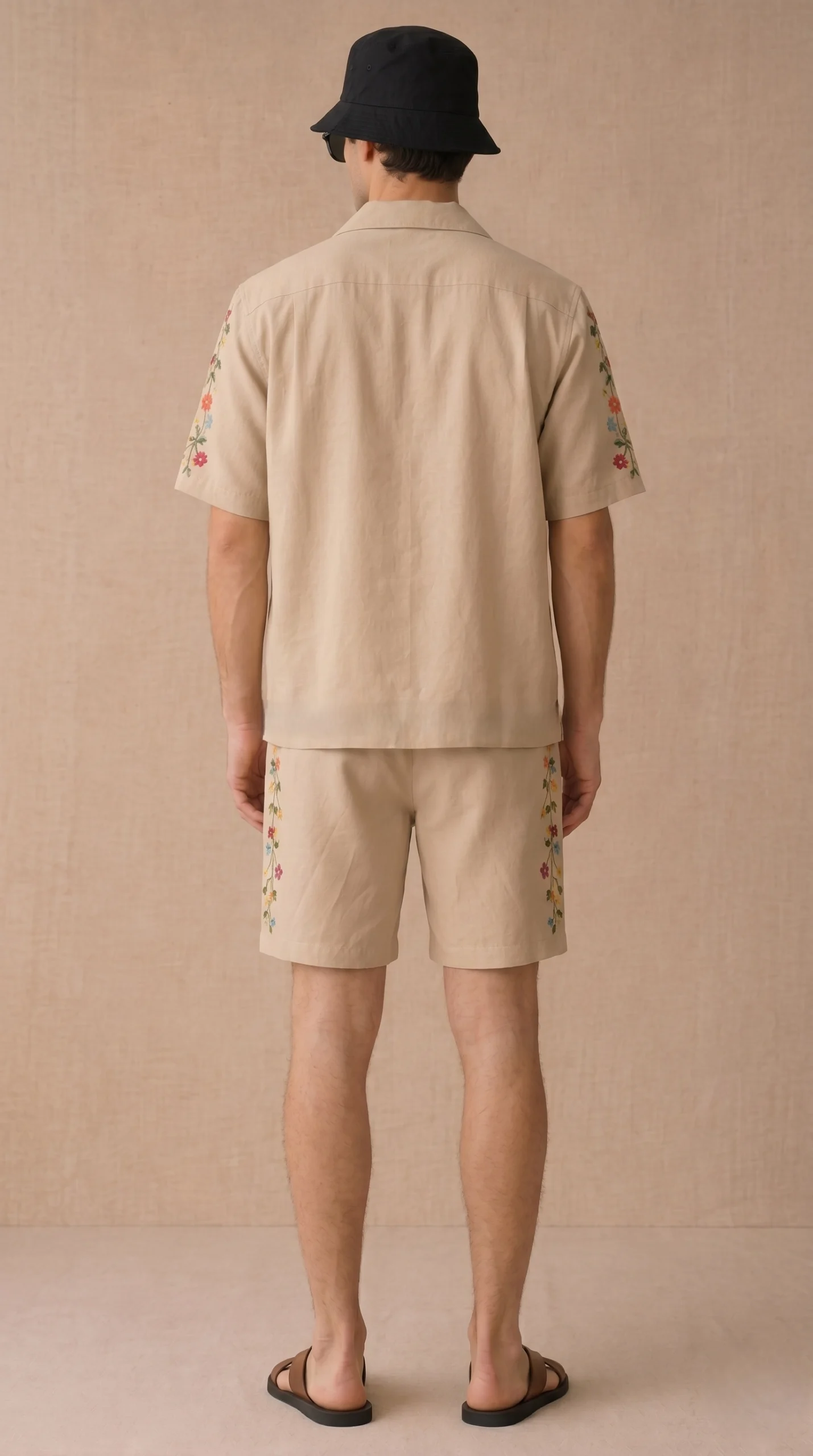 Luxury Beige Floral Embroidered Linen Cotton Cuban Collar Shirt and Shorts Set for Men by Liibula