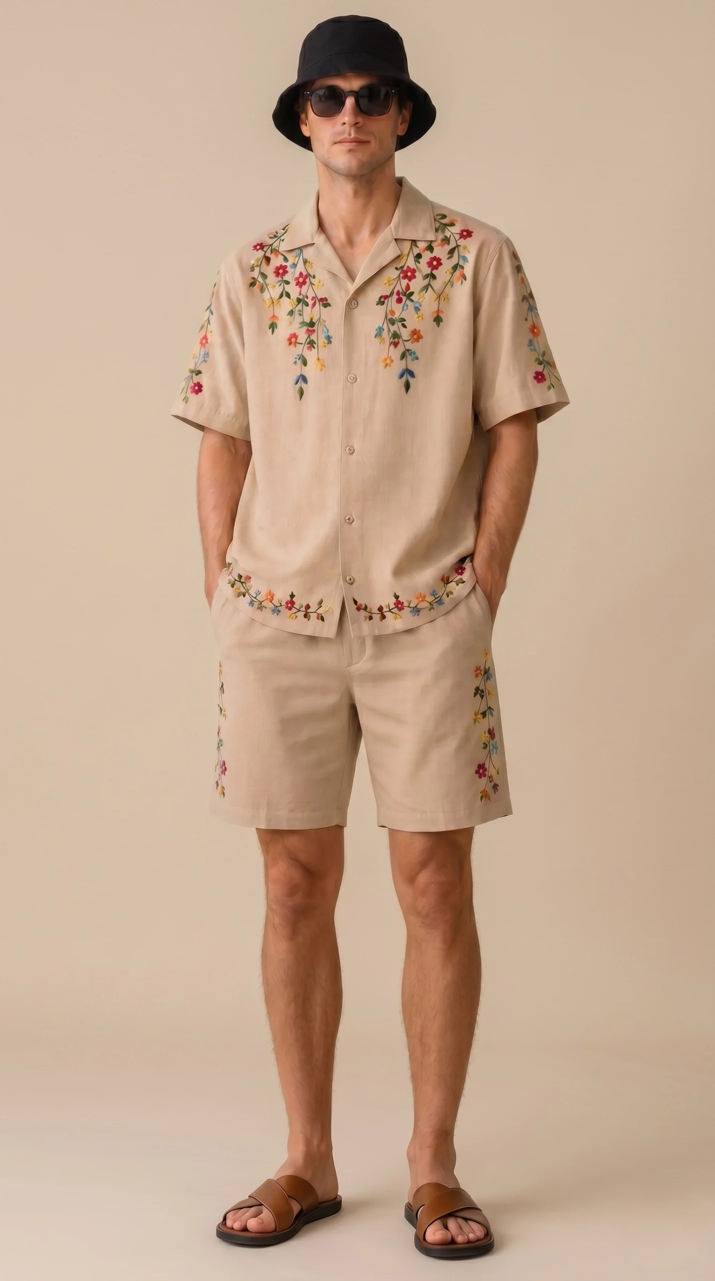 Luxury Beige Floral Embroidered Linen Cotton Cuban Collar Shirt and Shorts Set for Men by Liibula