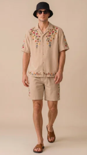 Luxury Beige Floral Embroidered Linen Cotton Cuban Collar Shirt and Shorts Set for Men by Liibula