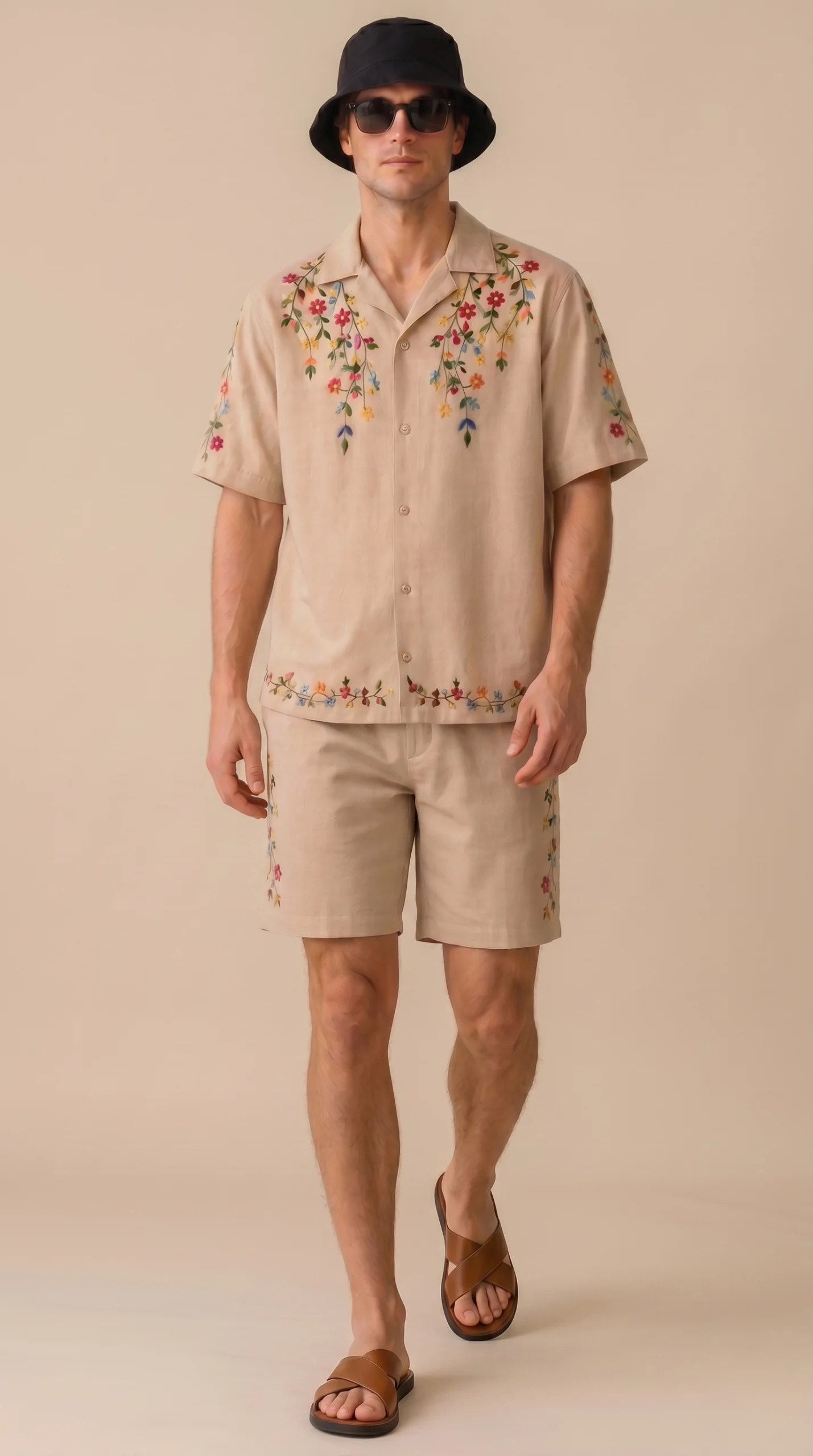 Luxury Beige Floral Embroidered Linen Cotton Cuban Collar Shirt and Shorts Set for Men by Liibula