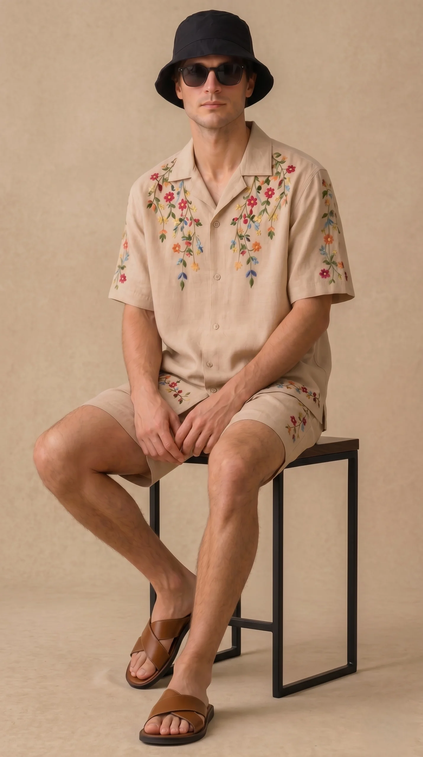 Luxury Beige Floral Embroidered Linen Cotton Cuban Collar Shirt and Shorts Set for Men by Liibula