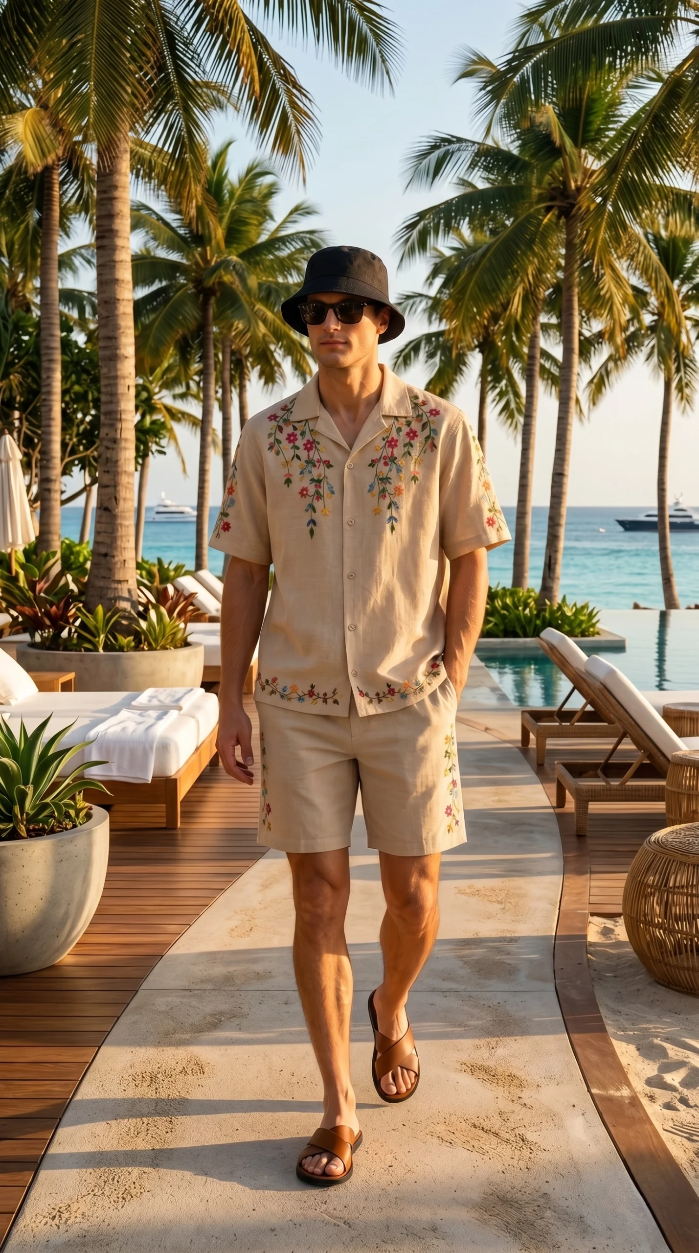 Luxury Beige Floral Embroidered Linen Cotton Cuban Collar Shirt and Shorts Set for Men by Liibula