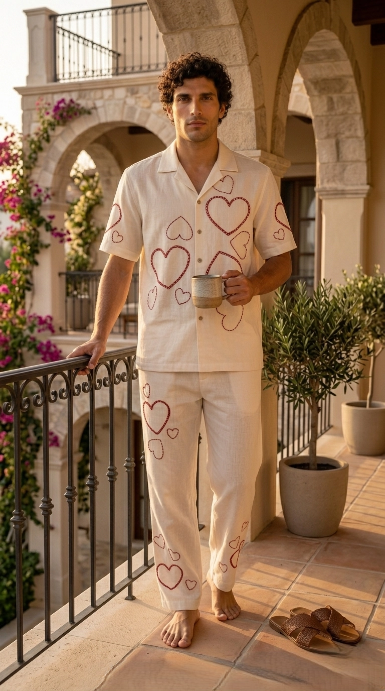 Luxury Heart Embroidered Linen Cotton Cuban Collar Shirt and Pant Co-Ord Set for Men by Liibula