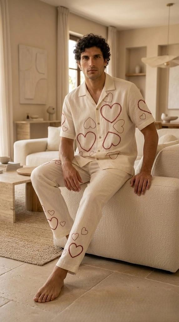 Luxury Heart Embroidered Linen Cotton Cuban Collar Shirt and Pant Co-Ord Set for Men by Liibula