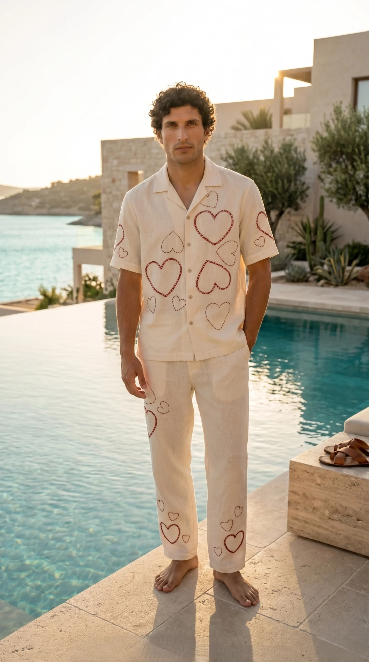 Luxury Heart Embroidered Linen Cotton Cuban Collar Shirt and Pant Co-Ord Set for Men by Liibula