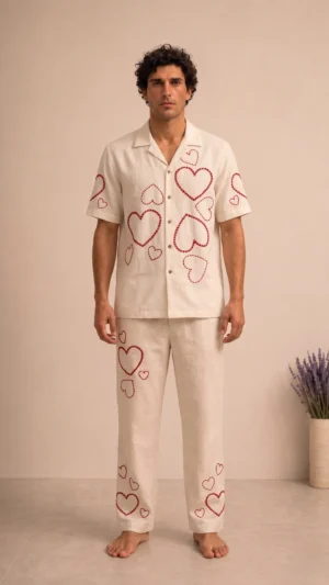 Luxury Heart Embroidered Linen Cotton Cuban Collar Shirt and Pant Co-Ord Set for Men by Liibula