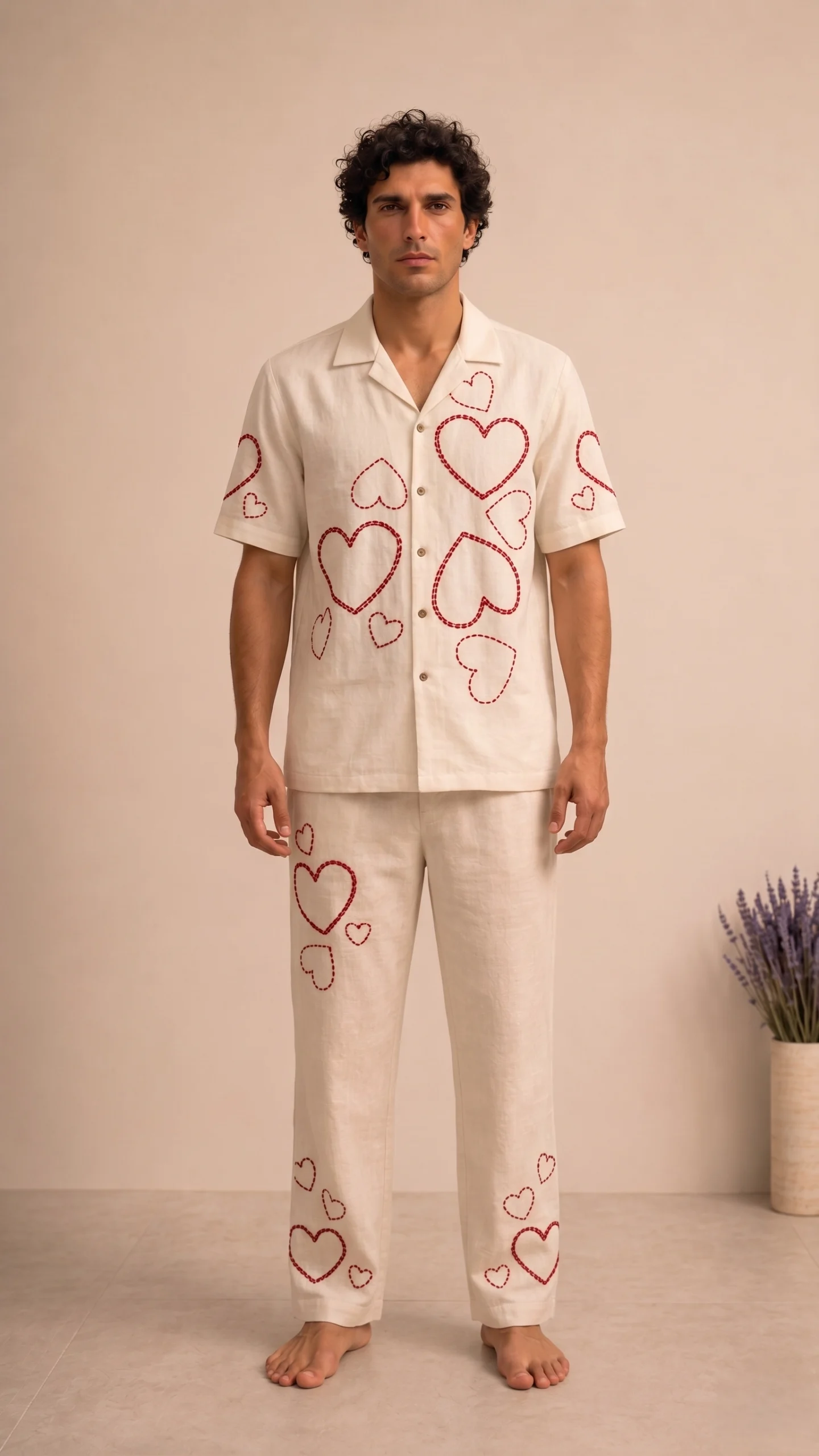 Luxury Heart Embroidered Linen Cotton Cuban Collar Shirt and Pant Co-Ord Set for Men by Liibula