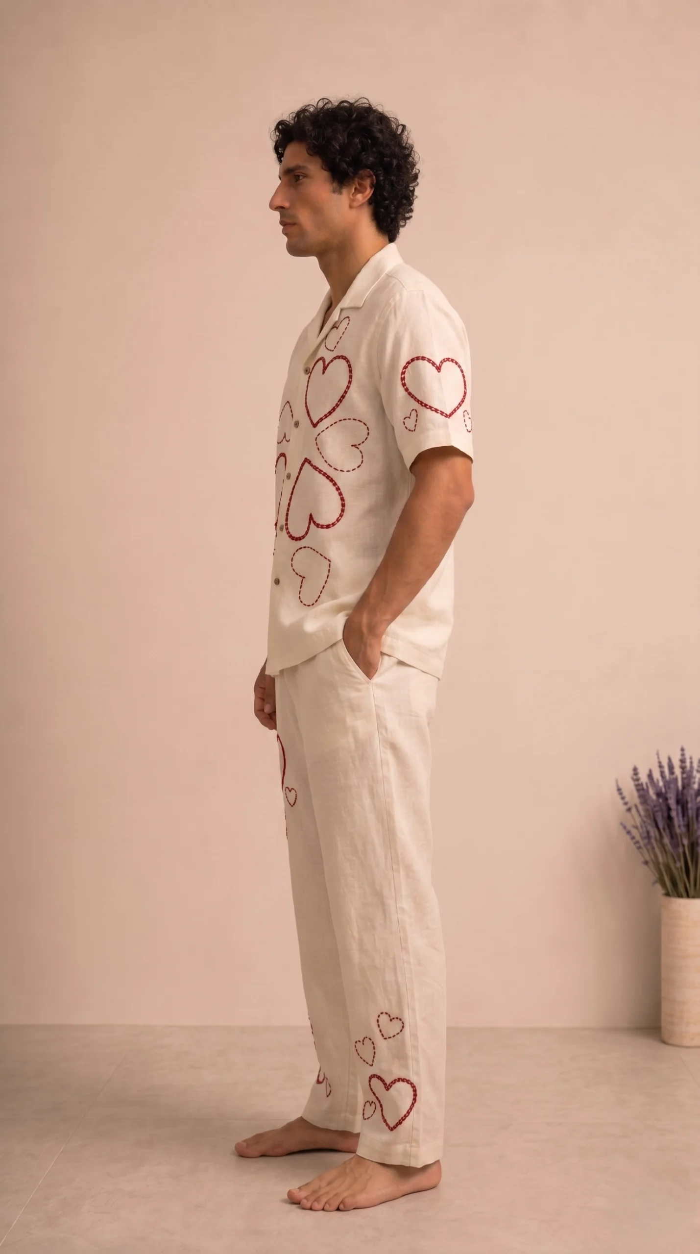 Luxury Heart Embroidered Linen Cotton Cuban Collar Shirt and Pant Co-Ord Set for Men by Liibula