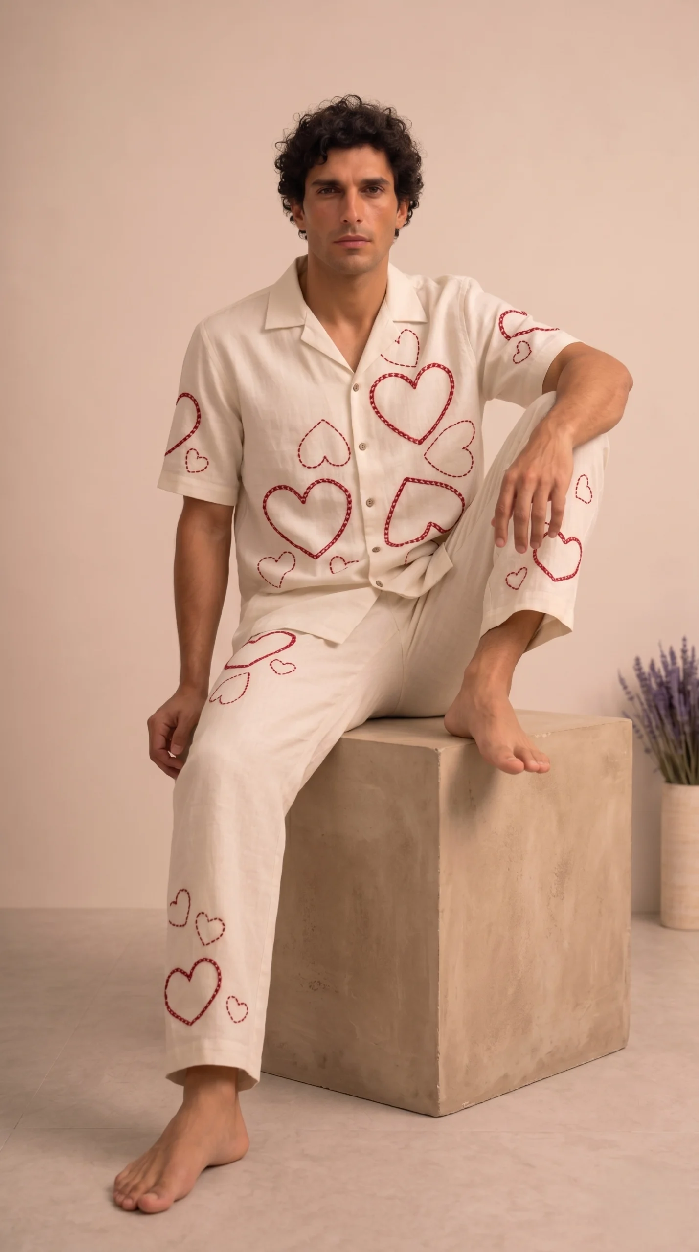 Luxury Heart Embroidered Linen Cotton Cuban Collar Shirt and Pant Co-Ord Set for Men by Liibula