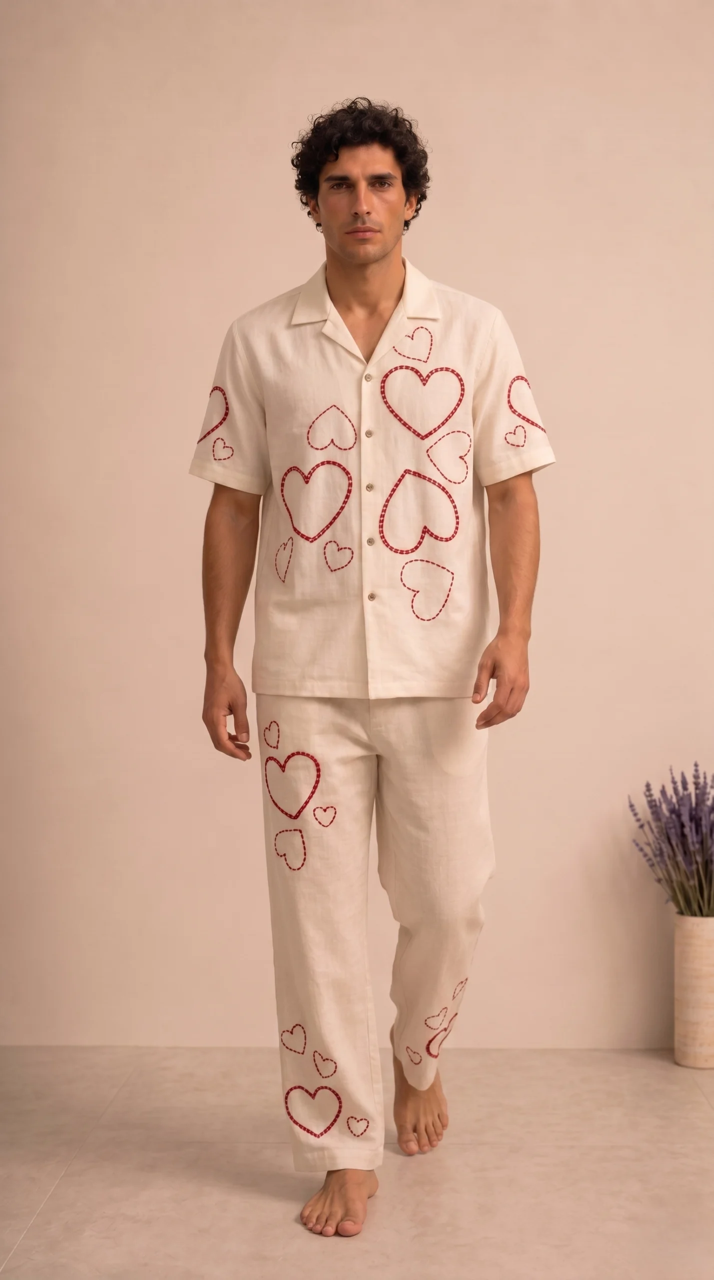 Luxury Heart Embroidered Linen Cotton Cuban Collar Shirt and Pant Co-Ord Set for Men by Liibula