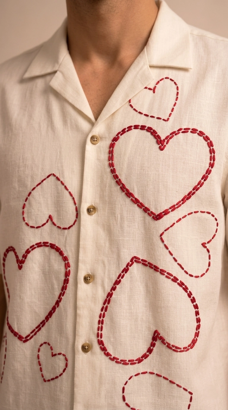 Luxury Heart Embroidered Linen Cotton Cuban Collar Shirt and Pant Co-Ord Set for Men by Liibula