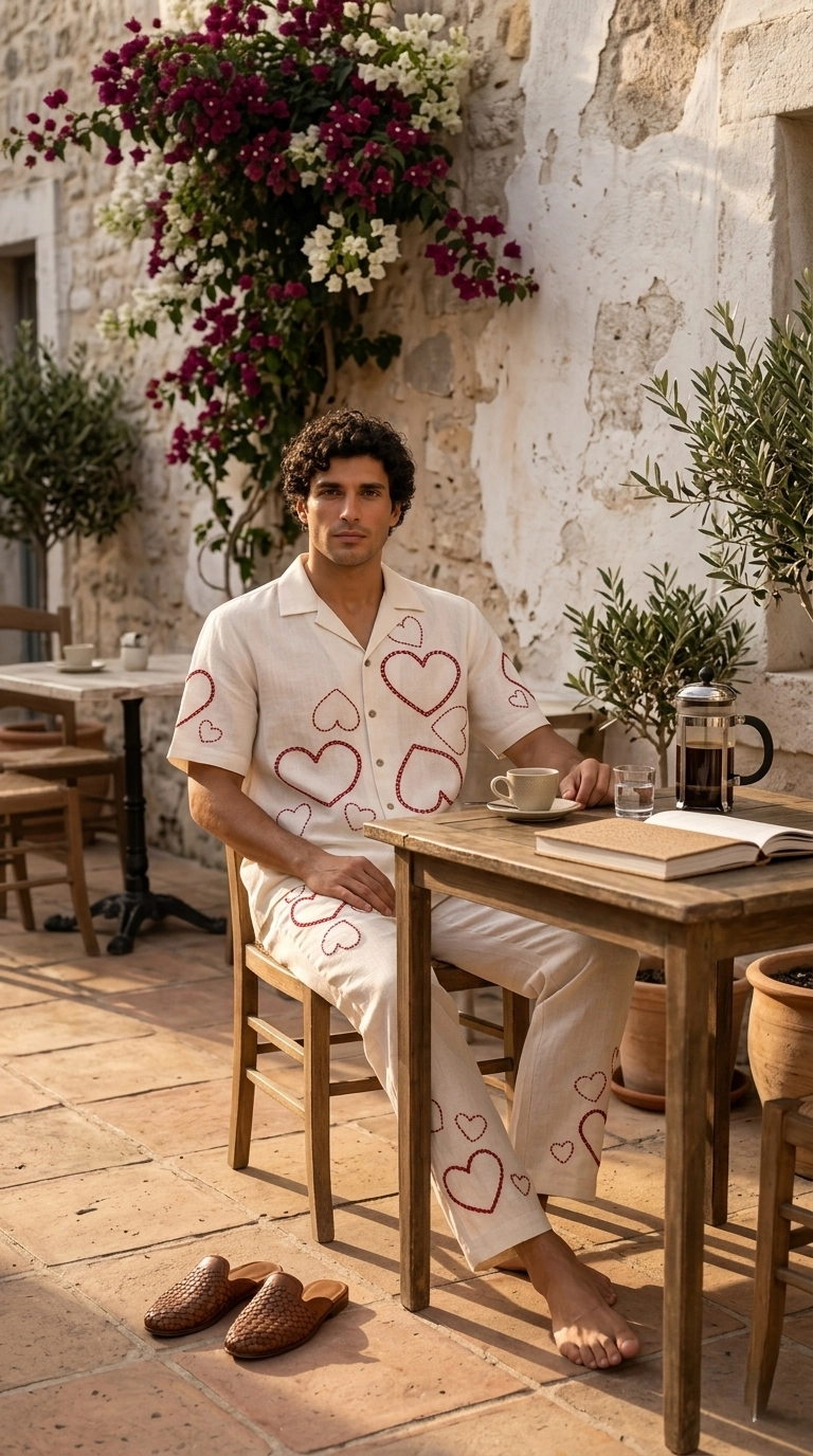 Luxury Heart Embroidered Linen Cotton Cuban Collar Shirt and Pant Co-Ord Set for Men by Liibula