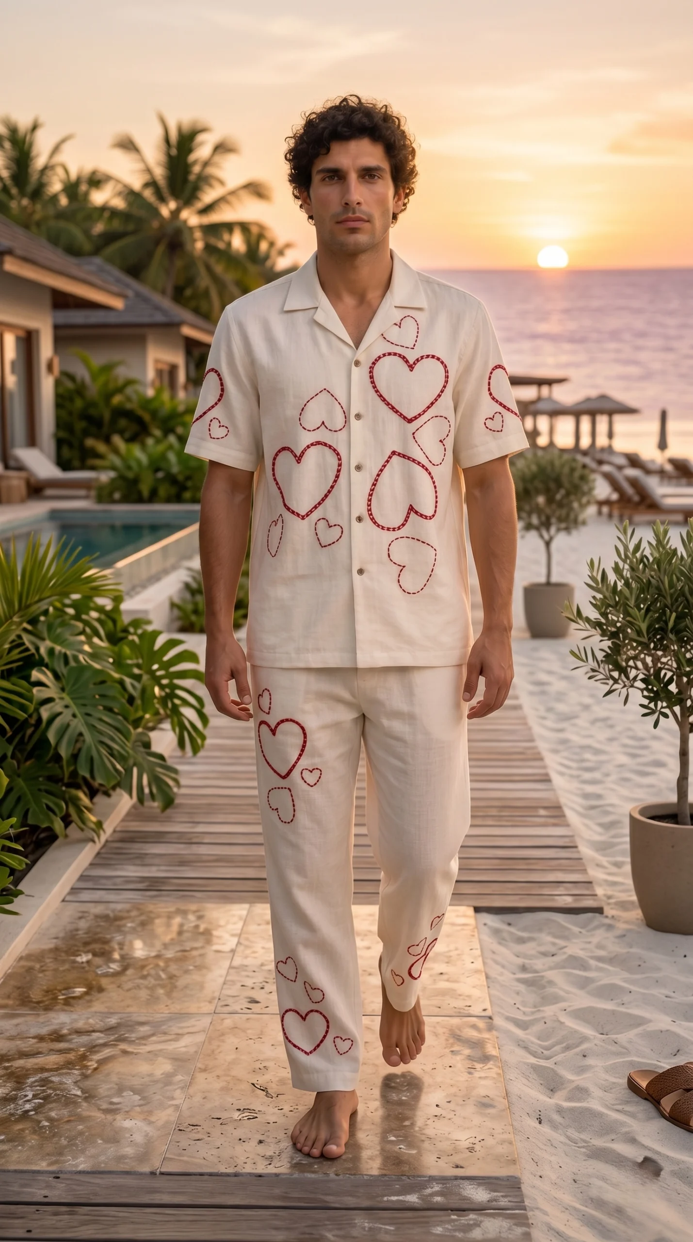 Luxury Heart Embroidered Linen Cotton Cuban Collar Shirt and Pant Co-Ord Set for Men by Liibula