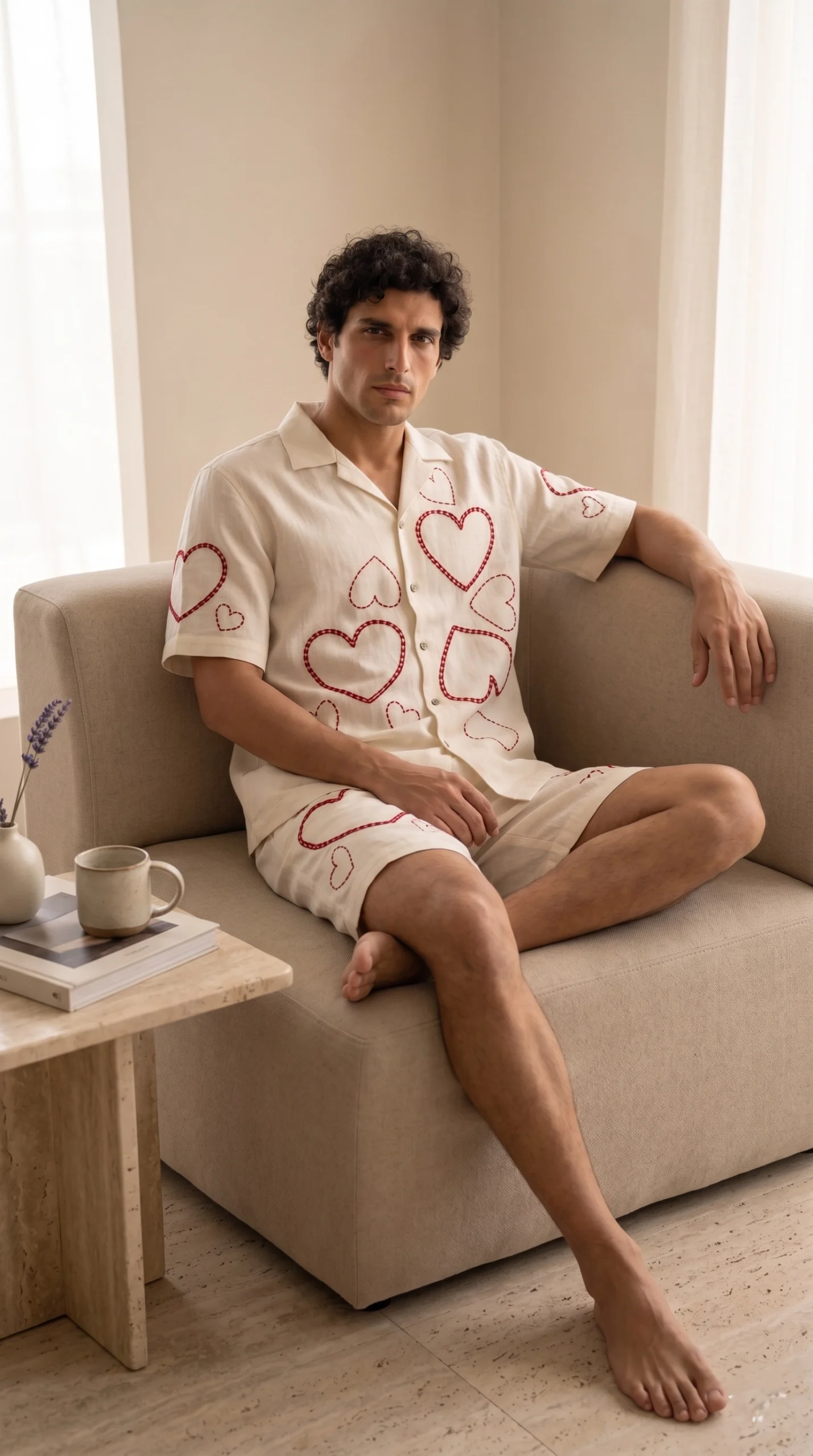 Luxury Heart Embroidered Linen Cotton Cuban Collar Shirt and Shorts Set for Men by Liibula