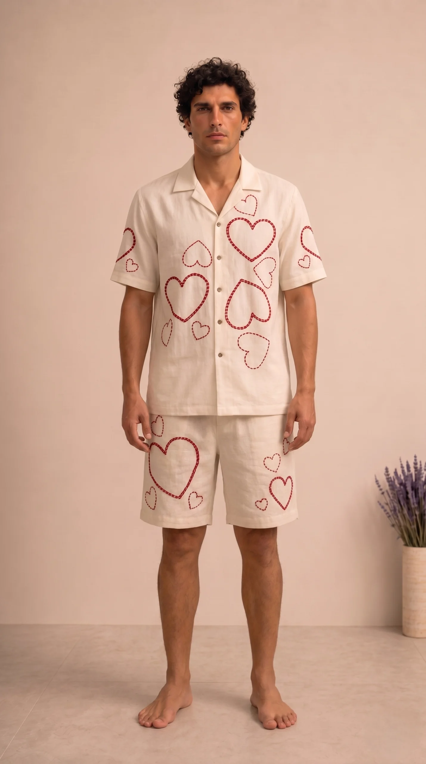 Luxury Heart Embroidered Linen Cotton Cuban Collar Shirt and Shorts Set for Men by Liibula