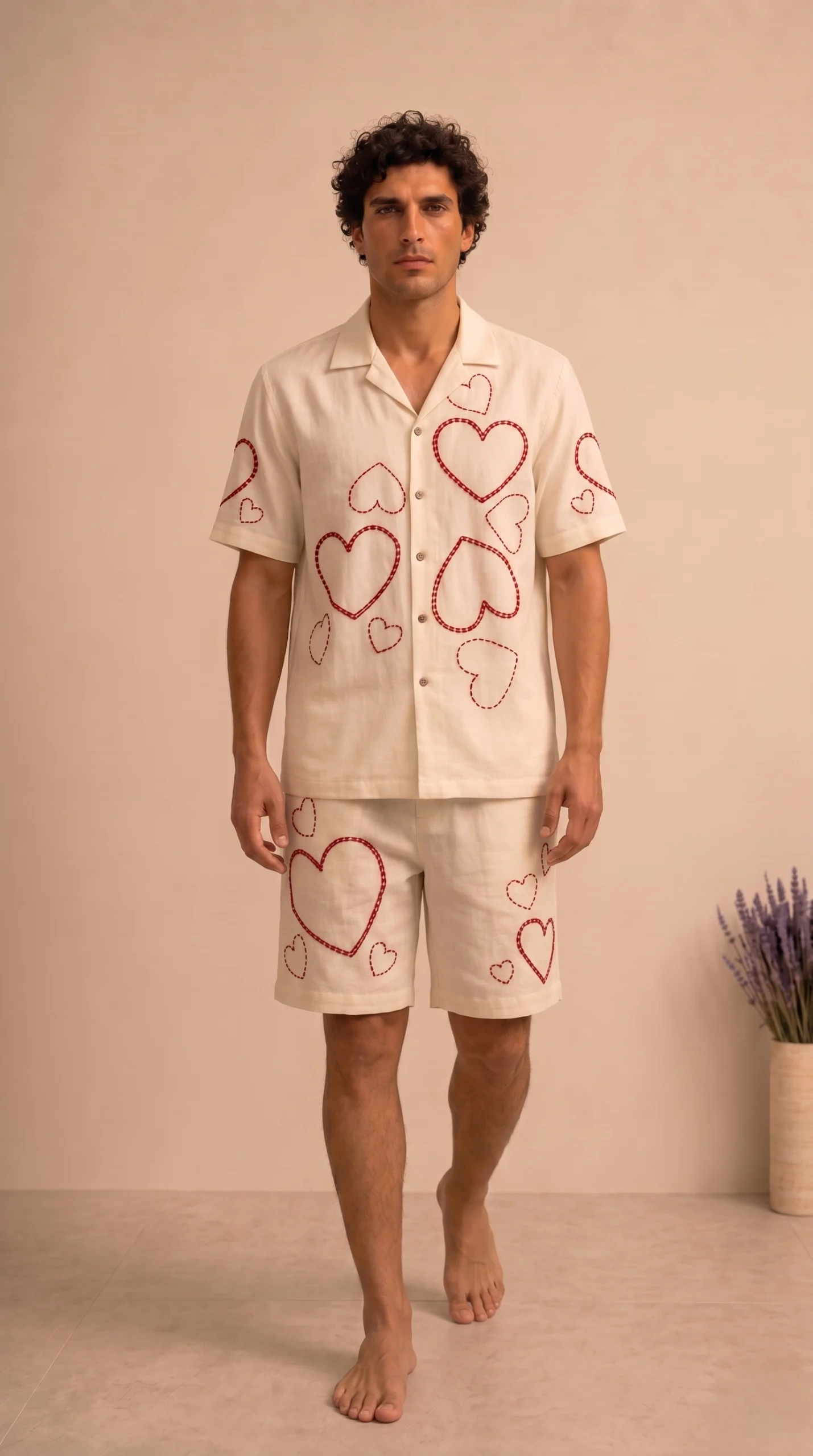 Luxury Heart Embroidered Linen Cotton Cuban Collar Shirt and Shorts Set for Men by Liibula