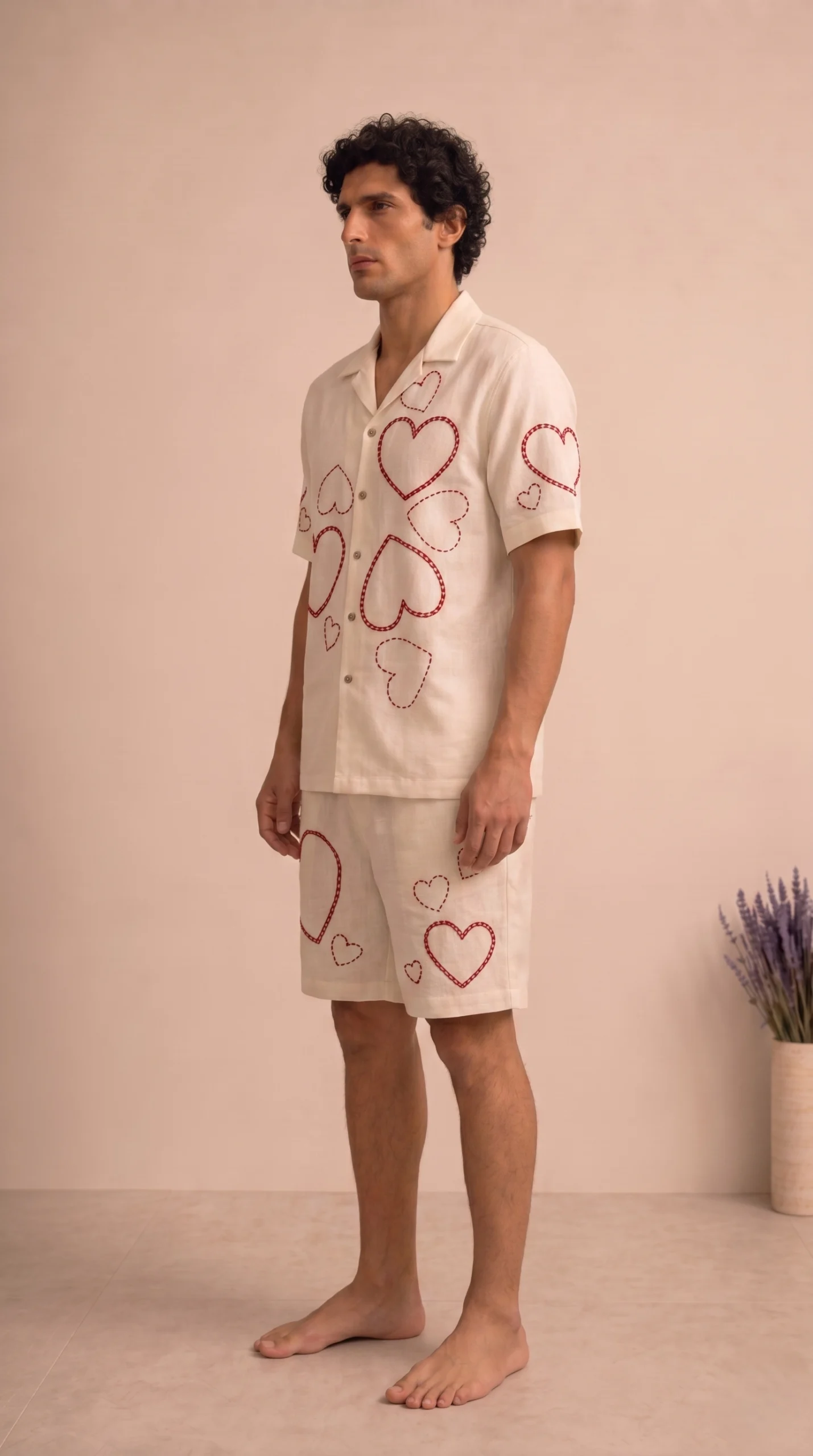 Luxury Heart Embroidered Linen Cotton Cuban Collar Shirt and Shorts Set for Men by Liibula