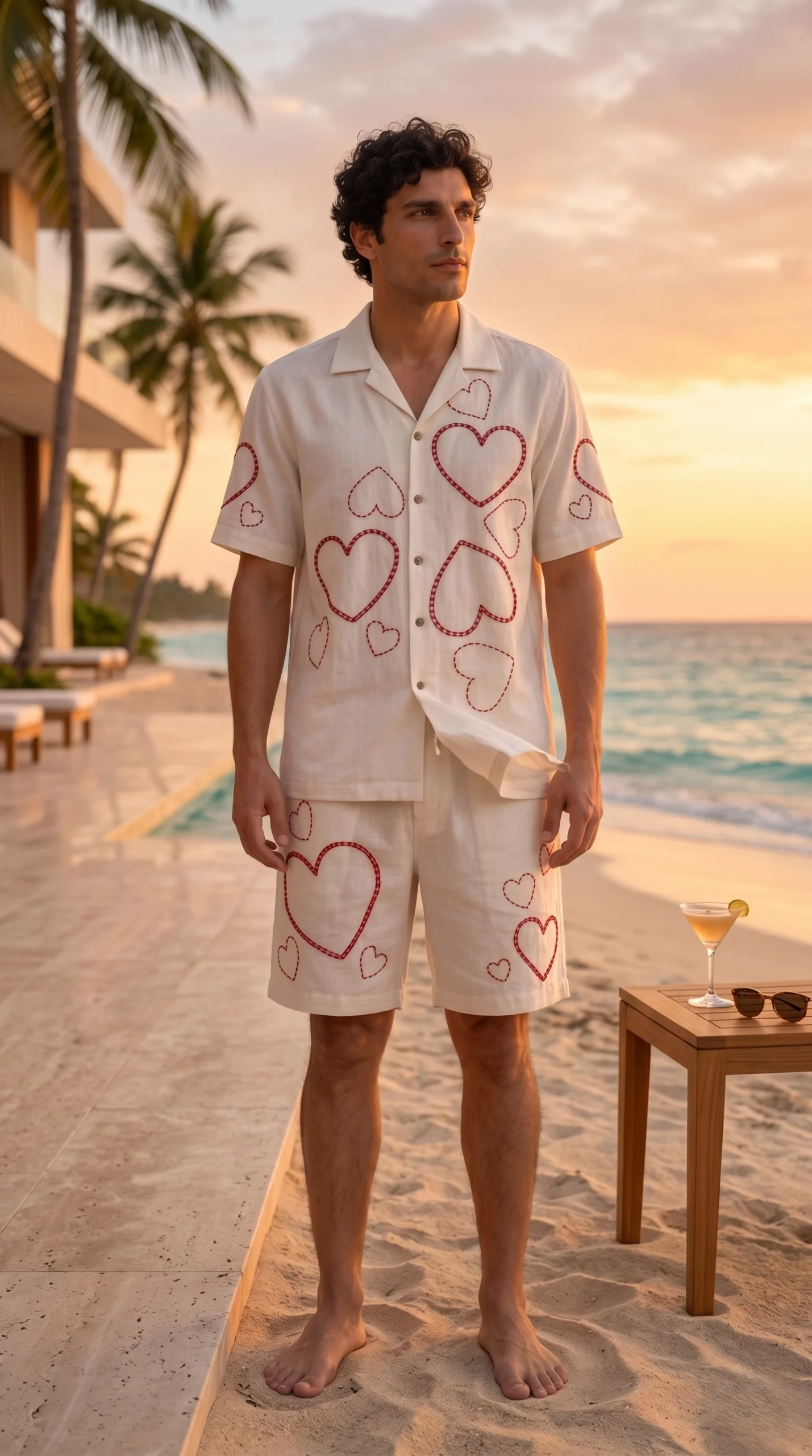Luxury Heart Embroidered Linen Cotton Cuban Collar Shirt and Shorts Set for Men by Liibula