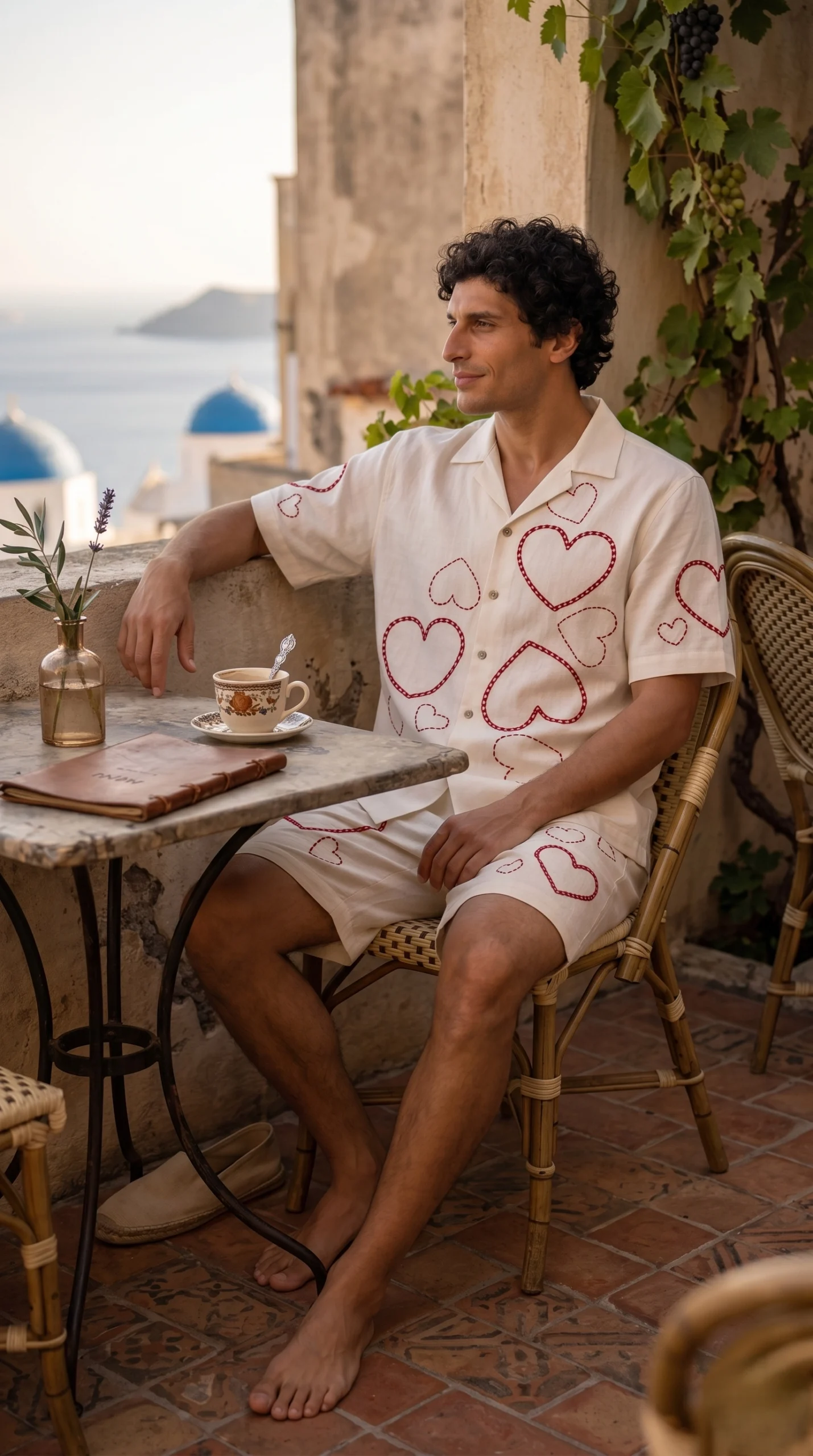 Luxury Heart Embroidered Linen Cotton Cuban Collar Shirt and Shorts Set for Men by Liibula