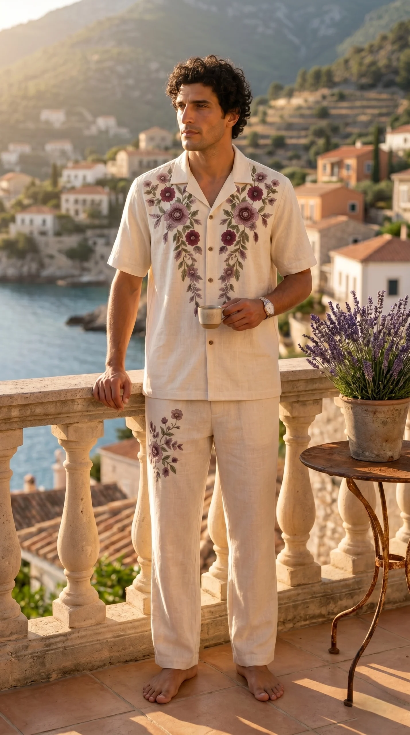 Luxury Beige Floral Embroidered Linen Cotton Cuban Collar Shirt and Pant Co-Ord Set for Men by Liibula