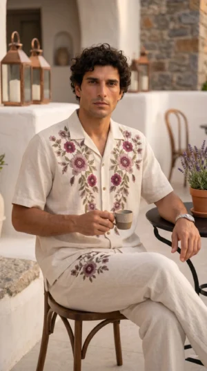 Luxury Beige Floral Embroidered Linen Cotton Cuban Collar Shirt and Pant Co-Ord Set for Men by Liibula