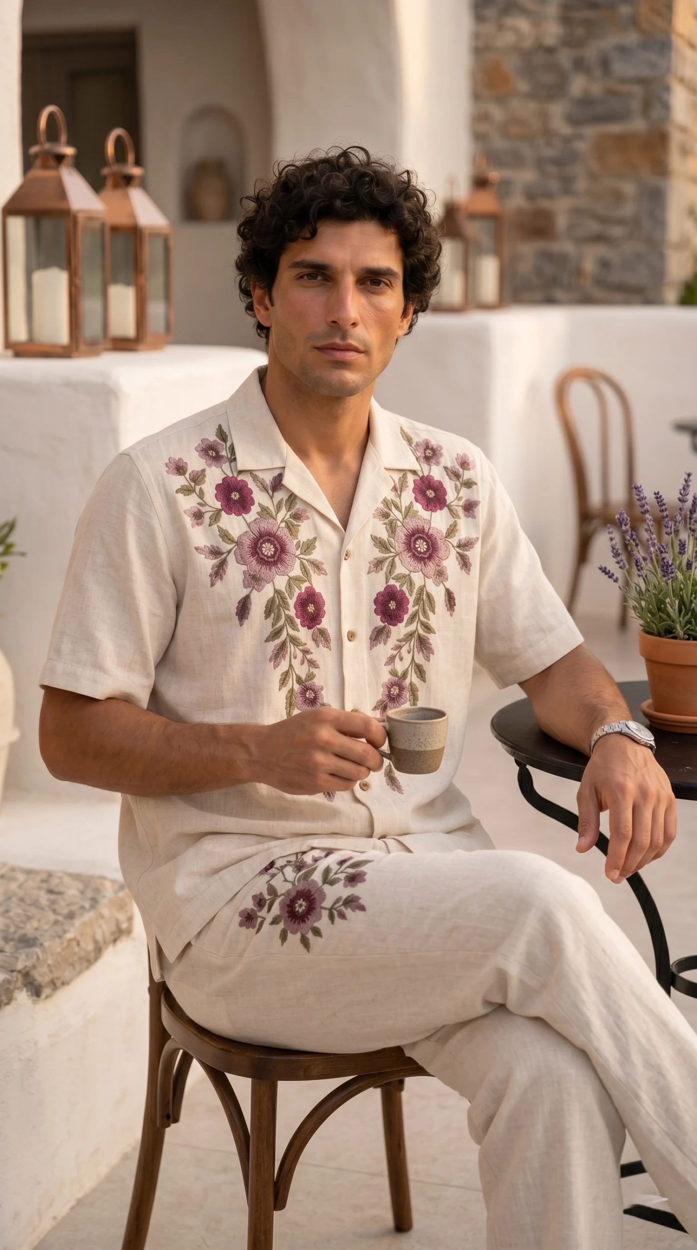 Luxury Beige Floral Embroidered Linen Cotton Cuban Collar Shirt and Pant Co-Ord Set for Men by Liibula