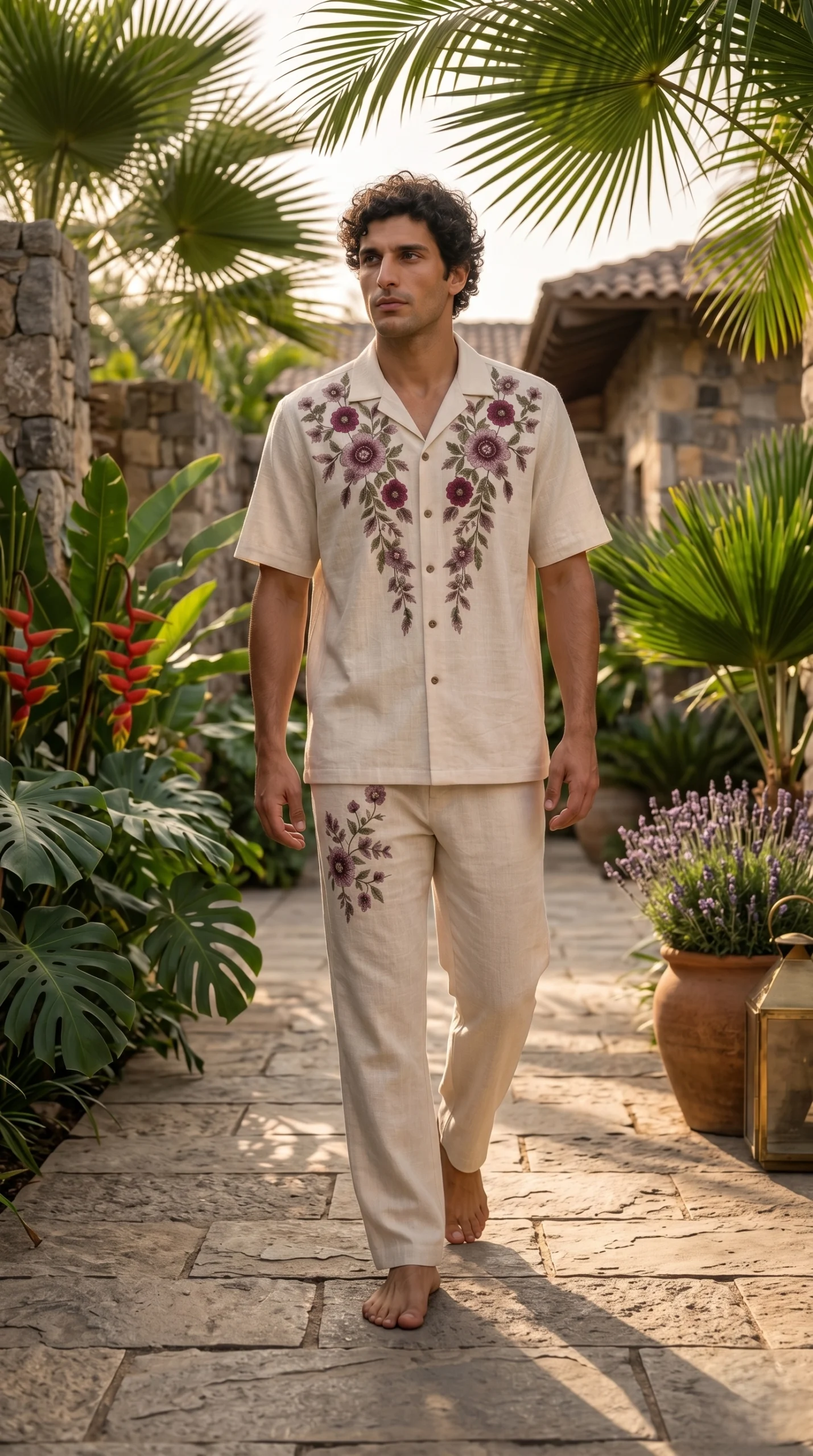 Luxury Beige Floral Embroidered Linen Cotton Cuban Collar Shirt and Pant Co-Ord Set for Men by Liibula