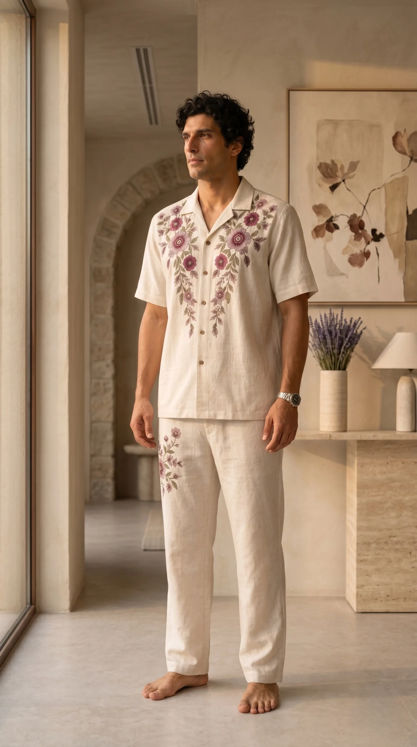 Luxury Beige Floral Embroidered Linen Cotton Cuban Collar Shirt and Pant Co-Ord Set for Men by Liibula