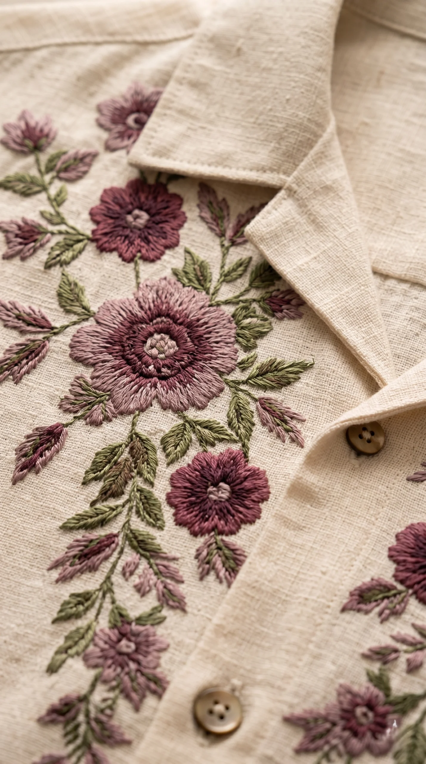 Luxury Beige Floral Embroidered Linen Cotton Cuban Collar Shirt and Pant Co-Ord Set for Men by Liibula