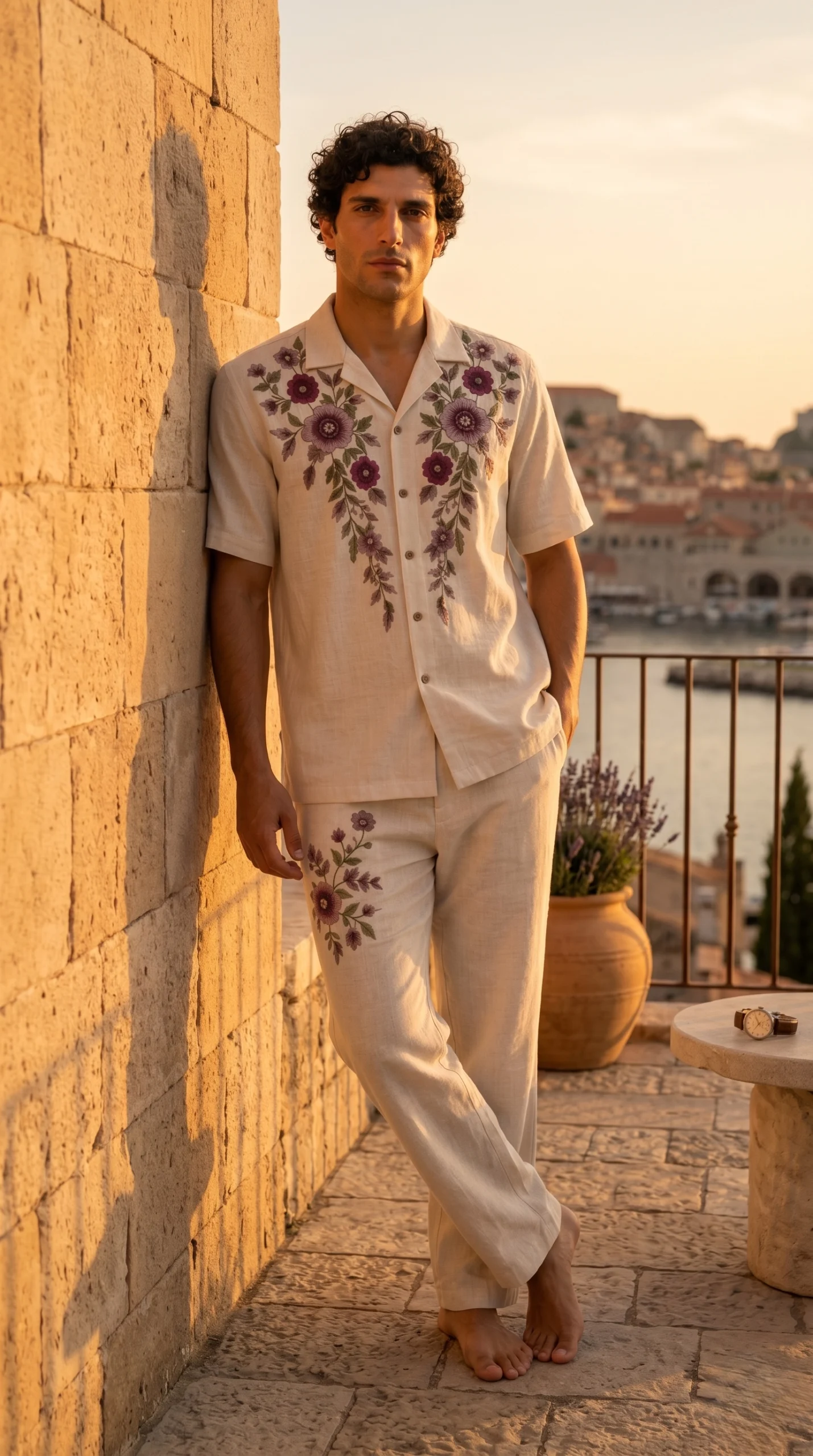 Luxury Beige Floral Embroidered Linen Cotton Cuban Collar Shirt and Pant Co-Ord Set for Men by Liibula