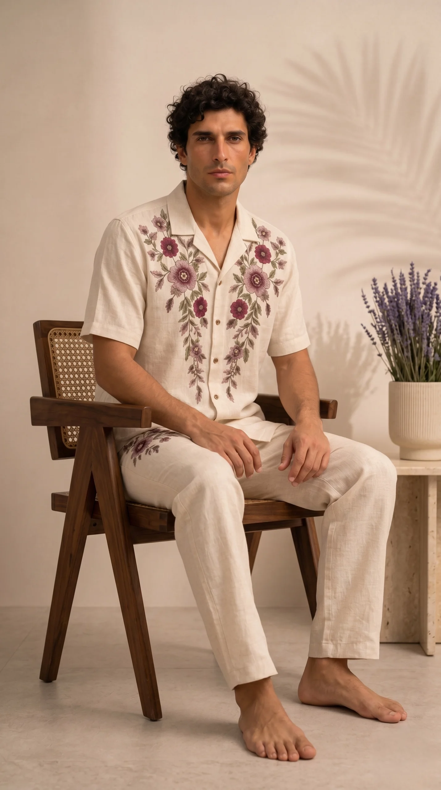 Luxury Beige Floral Embroidered Linen Cotton Cuban Collar Shirt and Pant Co-Ord Set for Men by Liibula