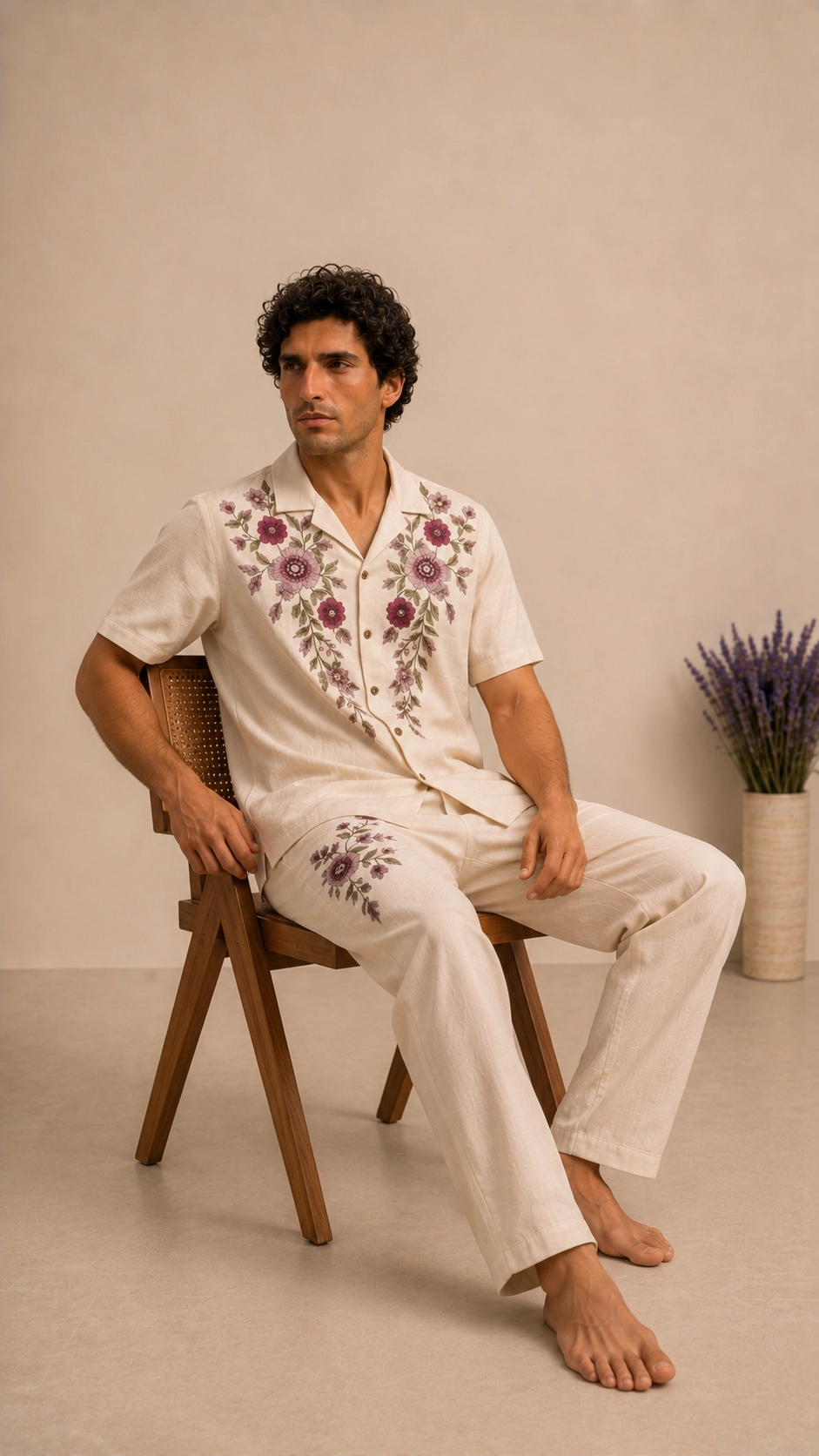 Luxury Beige Floral Embroidered Linen Cotton Cuban Collar Shirt and Pant Co-Ord Set for Men by Liibula