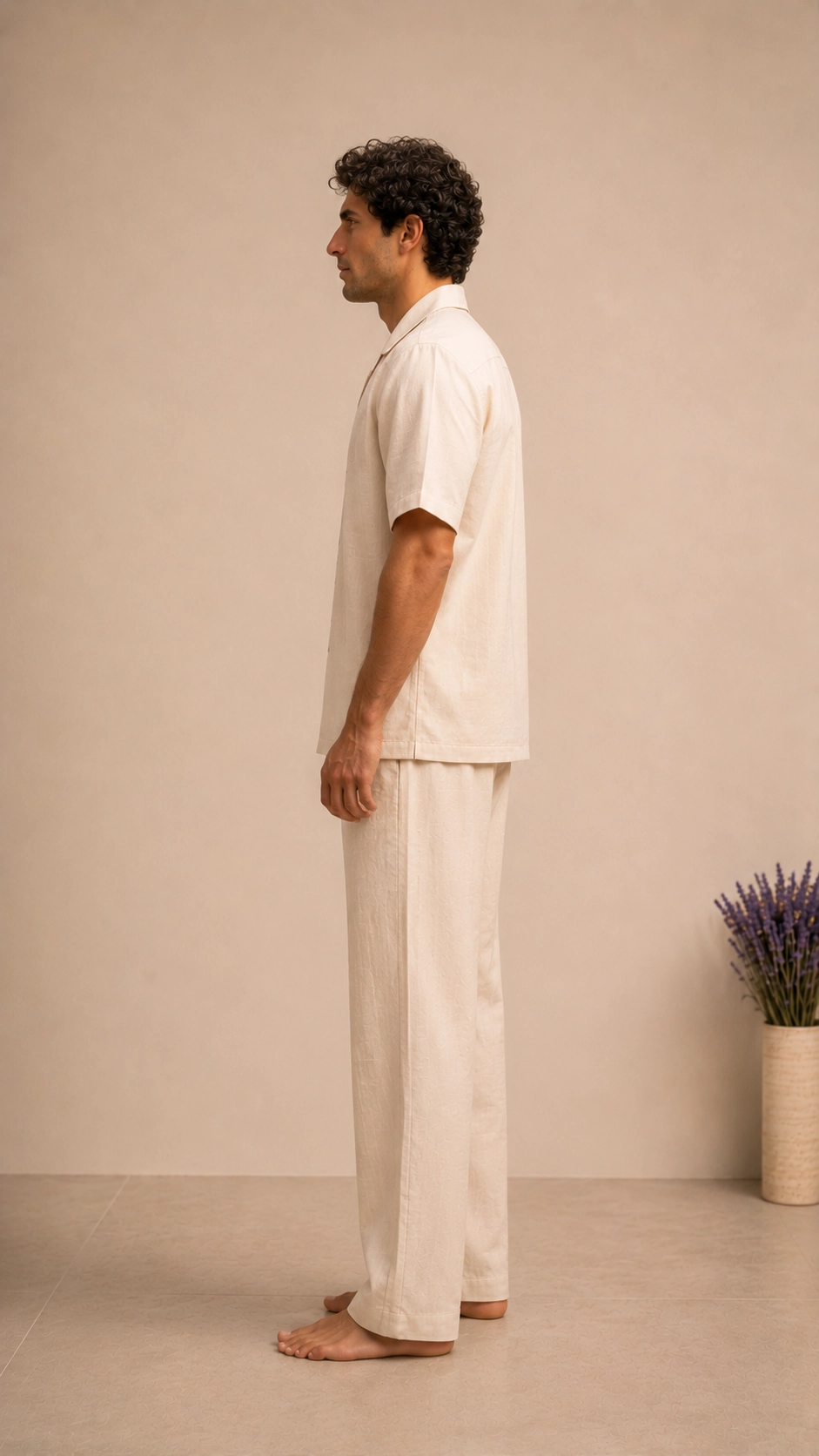 Luxury Beige Floral Embroidered Linen Cotton Cuban Collar Shirt and Pant Co-Ord Set for Men by Liibula