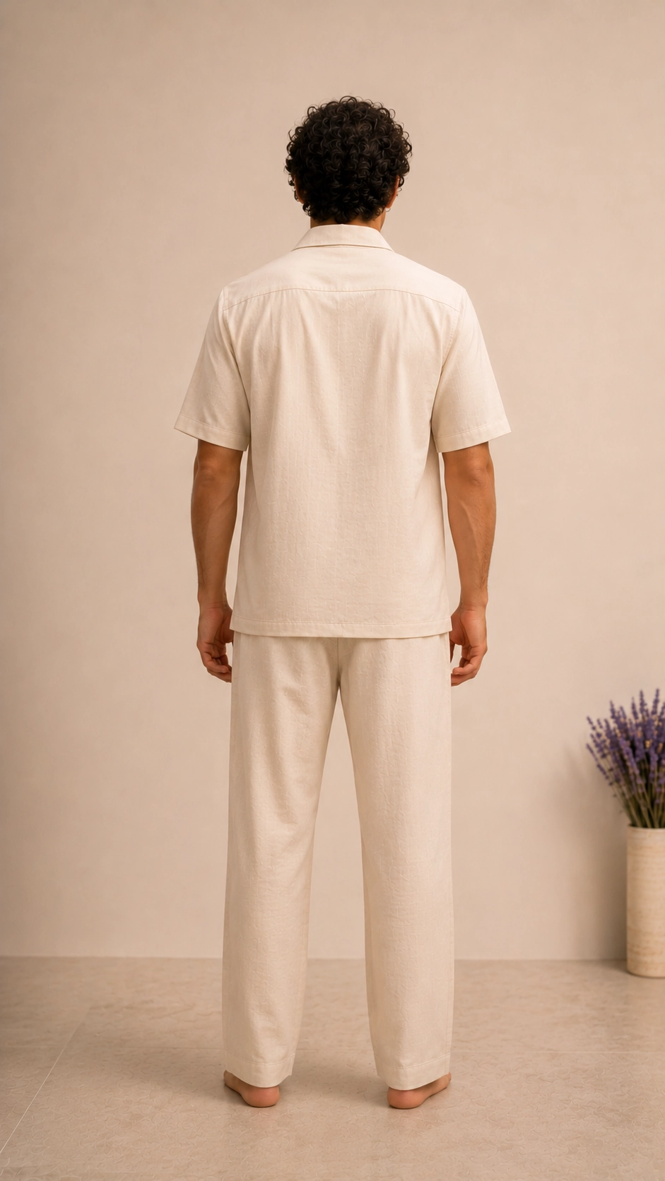 Luxury Beige Floral Embroidered Linen Cotton Cuban Collar Shirt and Pant Co-Ord Set for Men by Liibula