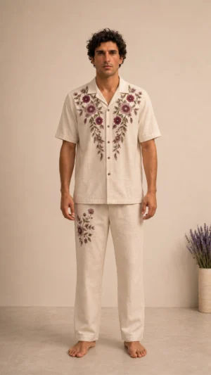 Luxury Beige Floral Embroidered Linen Cotton Cuban Collar Shirt and Pant Co-Ord Set for Men by Liibula