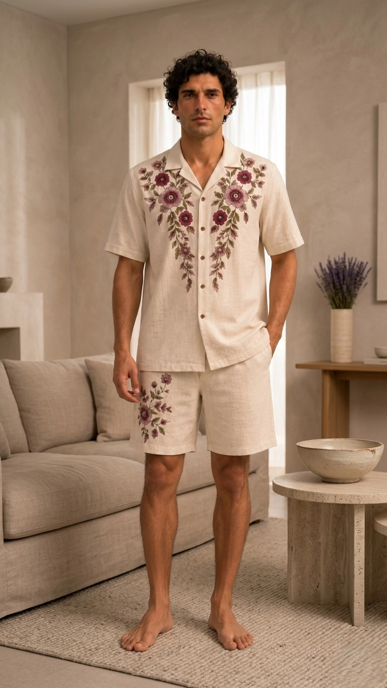 Luxury Beige Floral Embroidered Linen Cotton Cuban Collar Shirt and Shorts Set for Men by Liibula