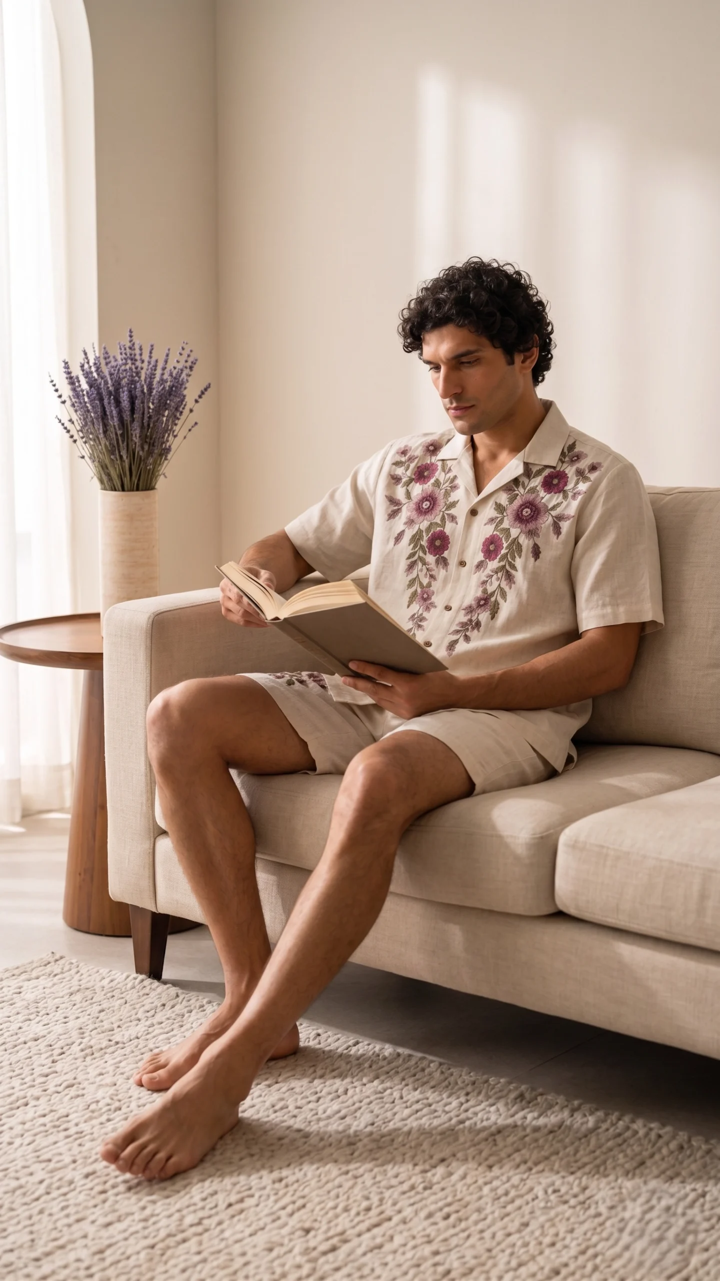 Luxury Beige Floral Embroidered Linen Cotton Cuban Collar Shirt and Shorts Set for Men by Liibula