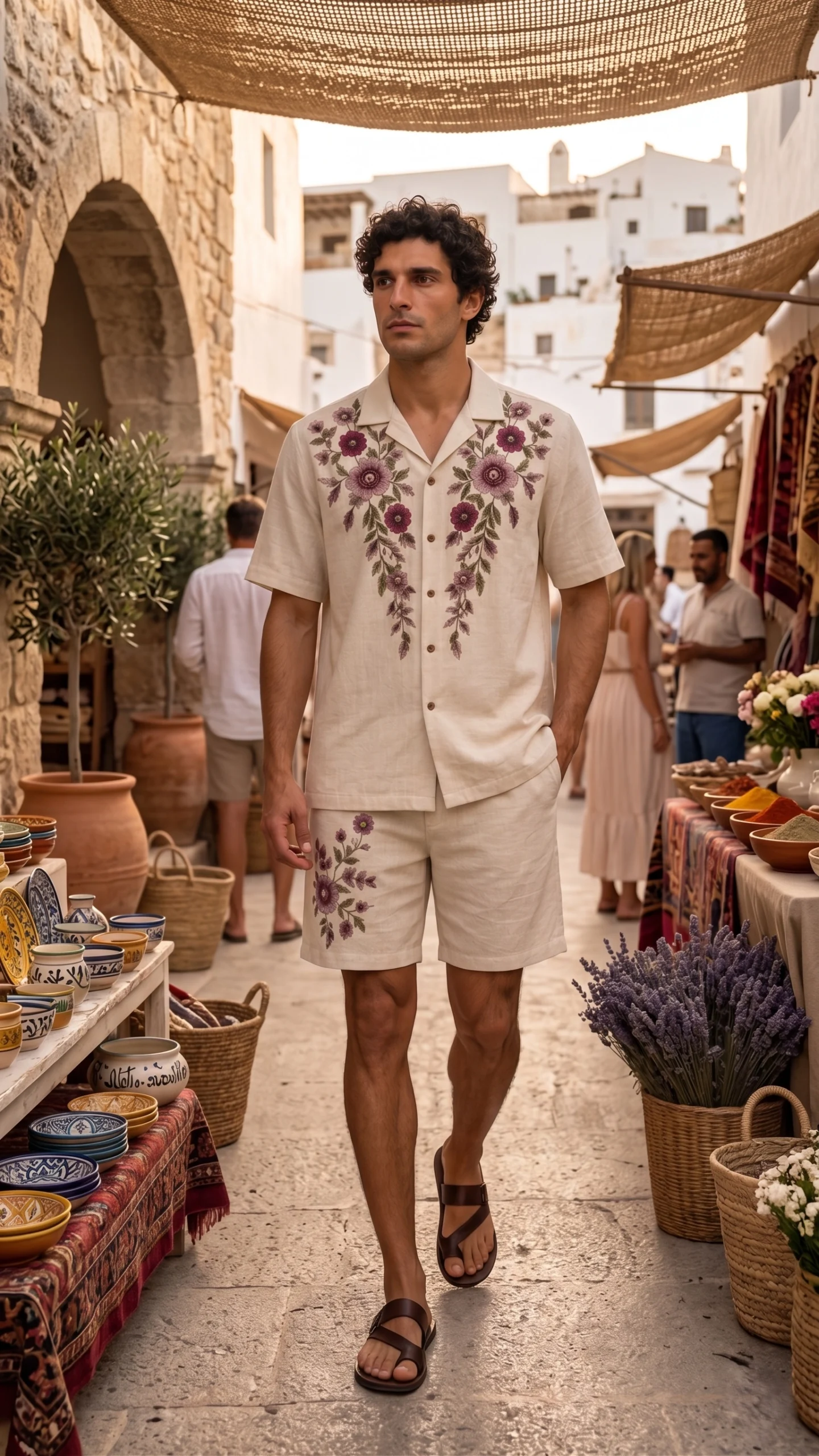 Luxury Beige Floral Embroidered Linen Cotton Cuban Collar Shirt and Shorts Set for Men by Liibula
