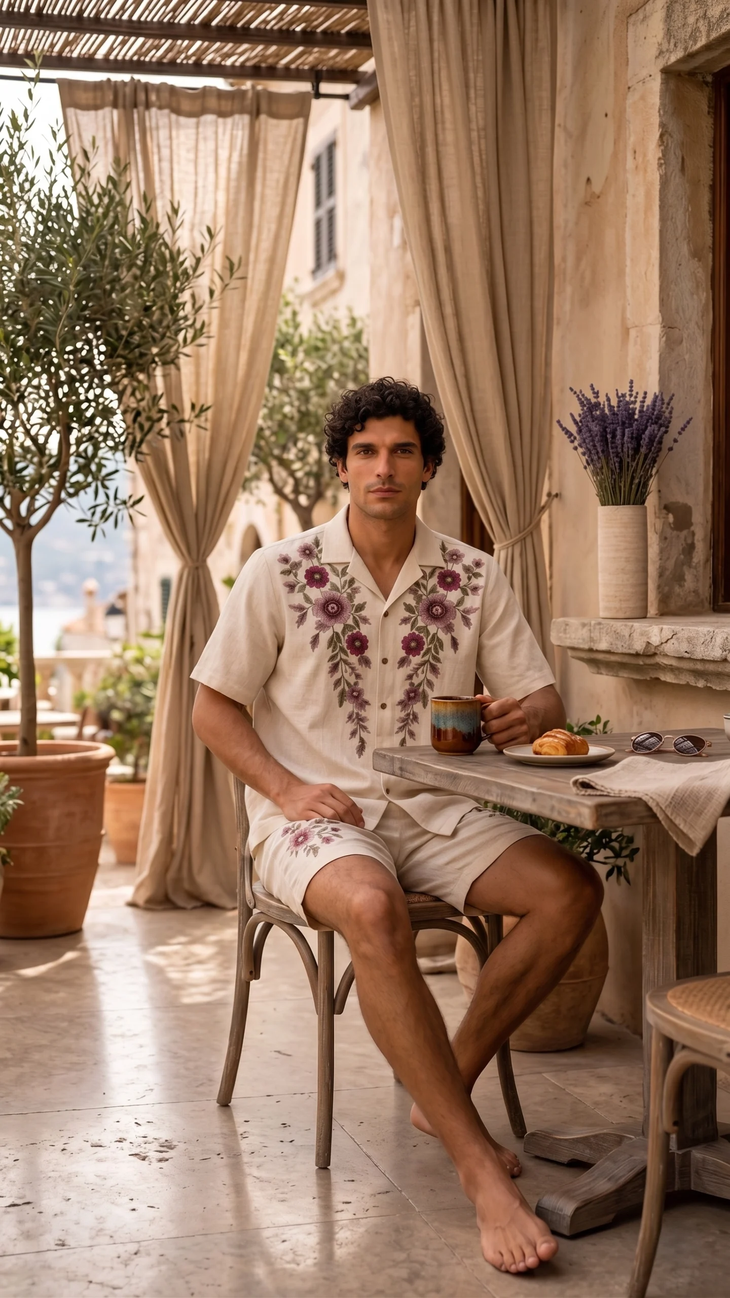 Luxury Beige Floral Embroidered Linen Cotton Cuban Collar Shirt and Shorts Set for Men by Liibula