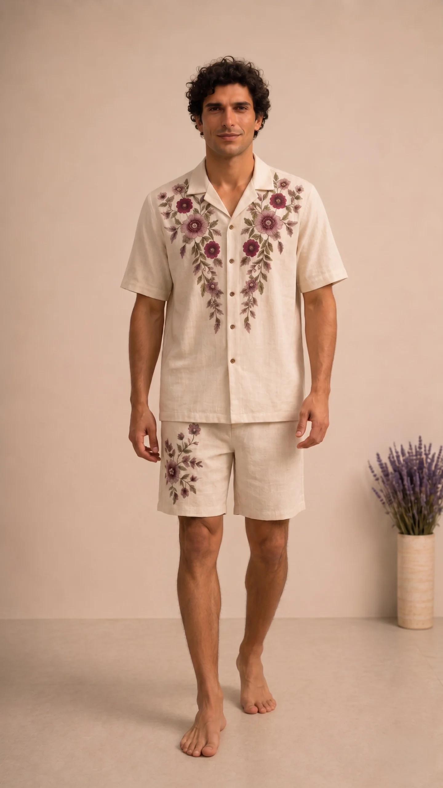 Luxury Beige Floral Embroidered Linen Cotton Cuban Collar Shirt and Shorts Set for Men by Liibula