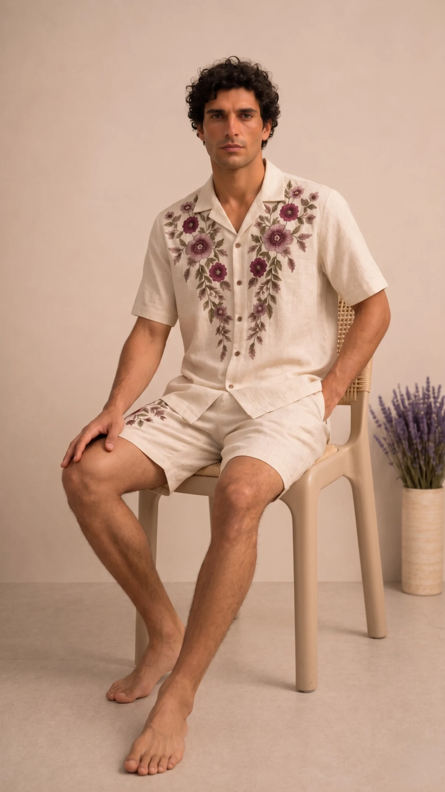 Luxury Beige Floral Embroidered Linen Cotton Cuban Collar Shirt and Shorts Set for Men by Liibula