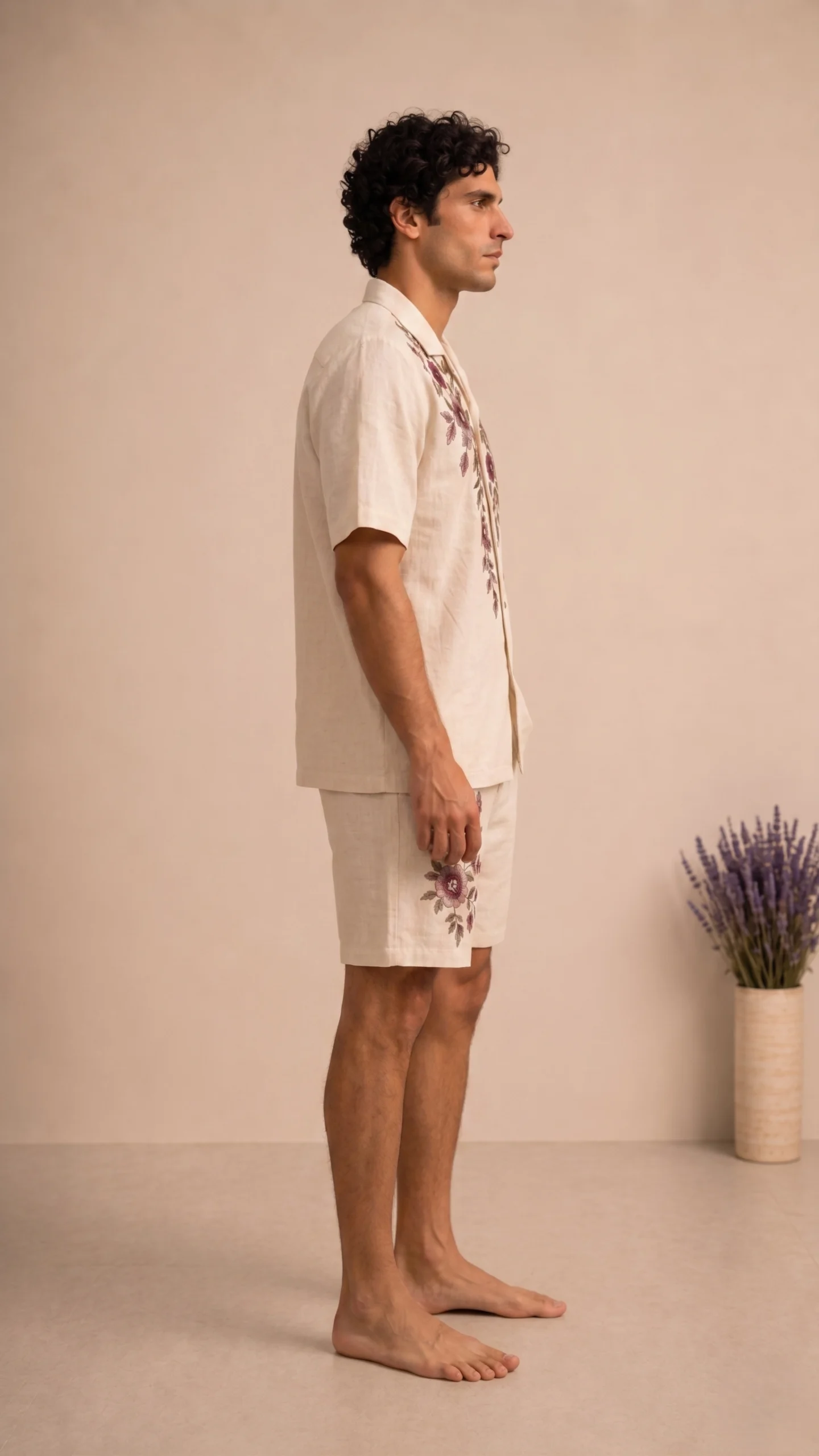 Luxury Beige Floral Embroidered Linen Cotton Cuban Collar Shirt and Shorts Set for Men by Liibula