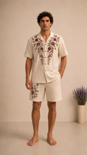 Luxury Beige Floral Embroidered Linen Cotton Cuban Collar Shirt and Shorts Set for Men by Liibula