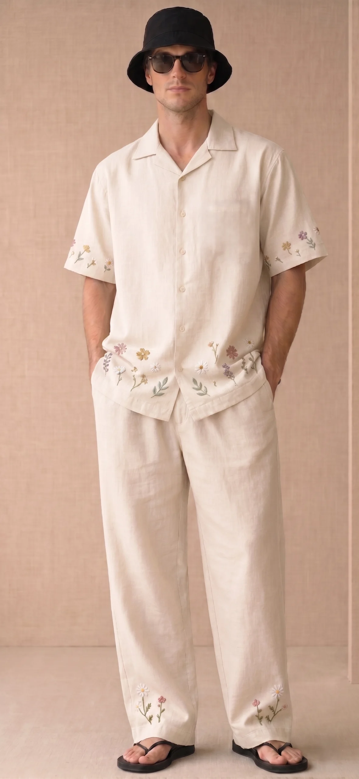 Luxury Beige Floral Embroidered Linen Cotton Cuban Collar Shirt and Pant Co-Ord Set for Men by Liibula
